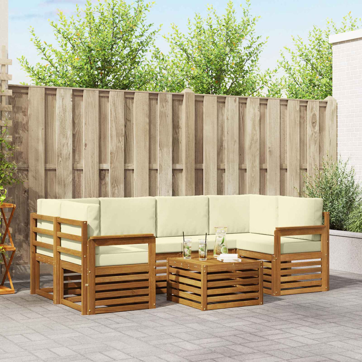 Outdoor-Sofagarnitur 7 stk. Natur und Creme Massivholz Akazie