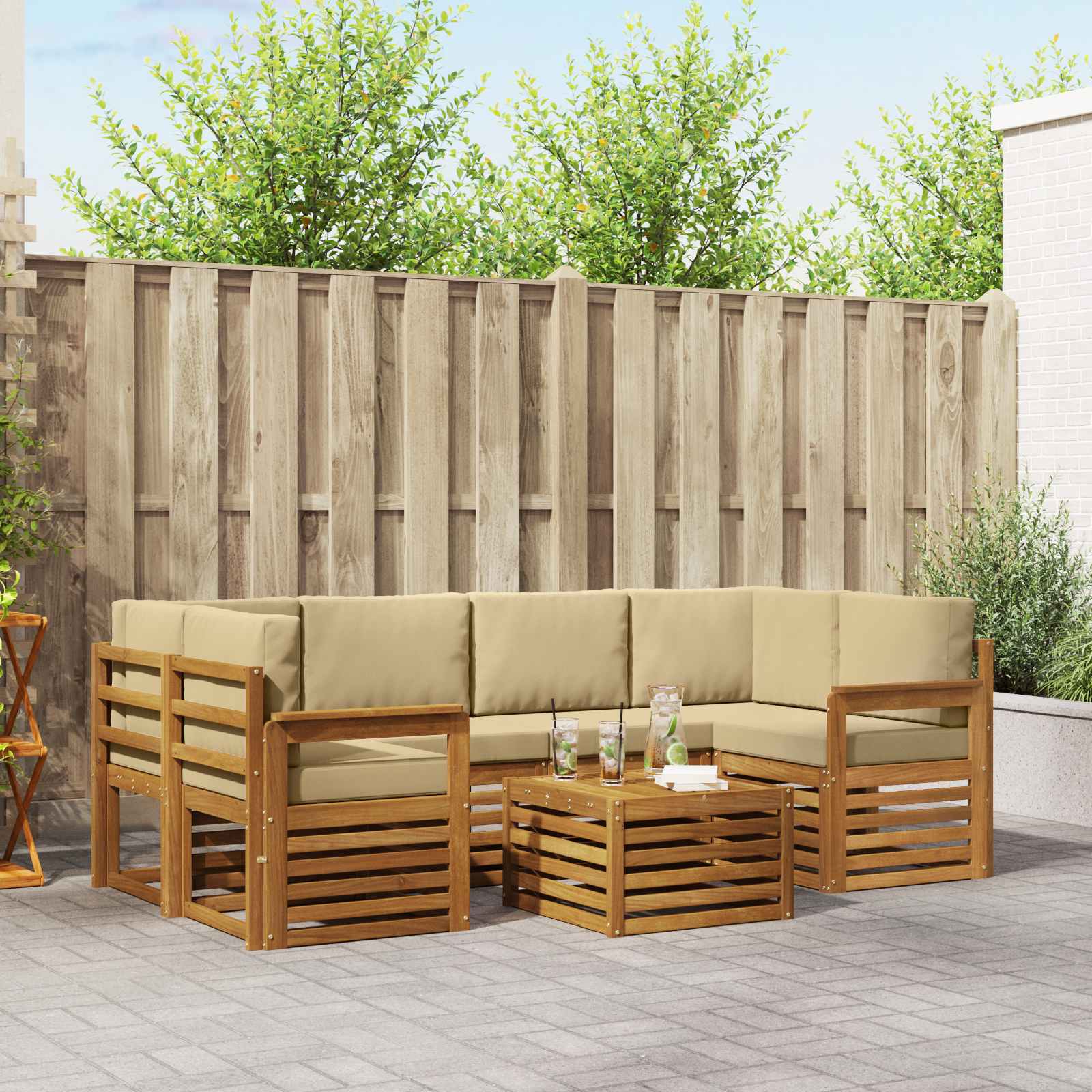 Outdoor-Sofagarnitur 7 stk. Natur und Beige Massivholz Akazie