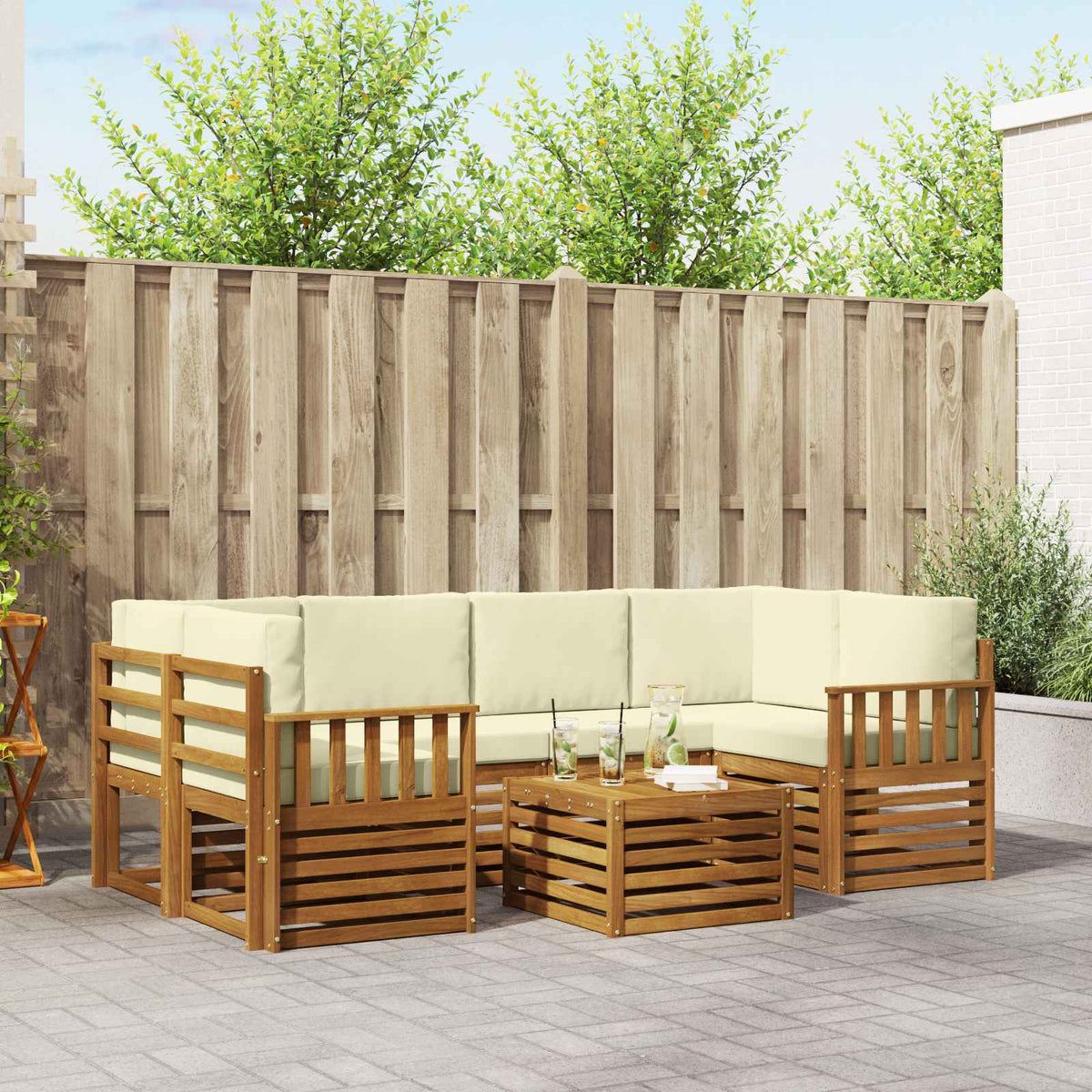 Outdoor-Sofagarnitur 7 stk. Natur und Creme Massivholz Akazie
