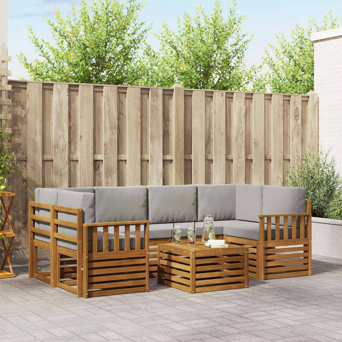 Outdoor-Sofagarnitur 7 stk. Natur und Hellgrau
