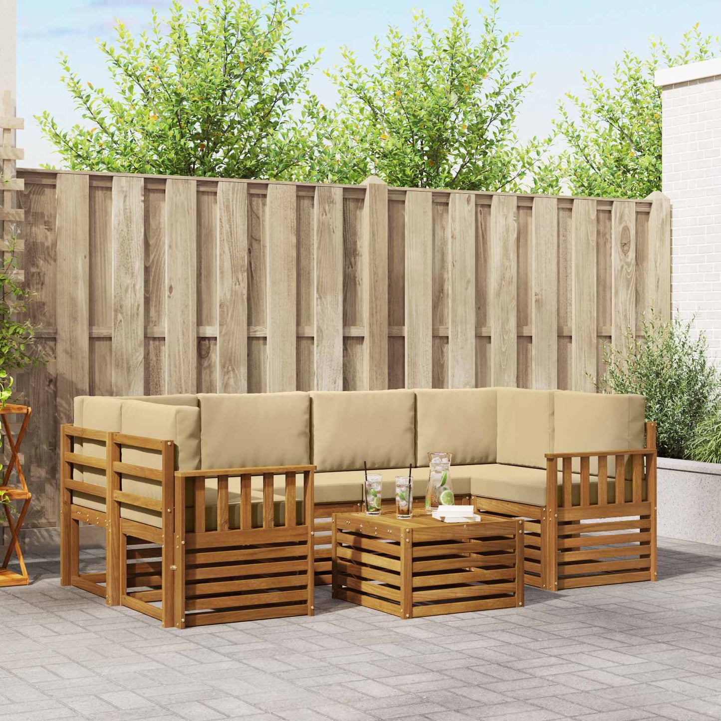 Outdoor-Sofagarnitur 7 stk. Natur und Beige Massivholz Akazie