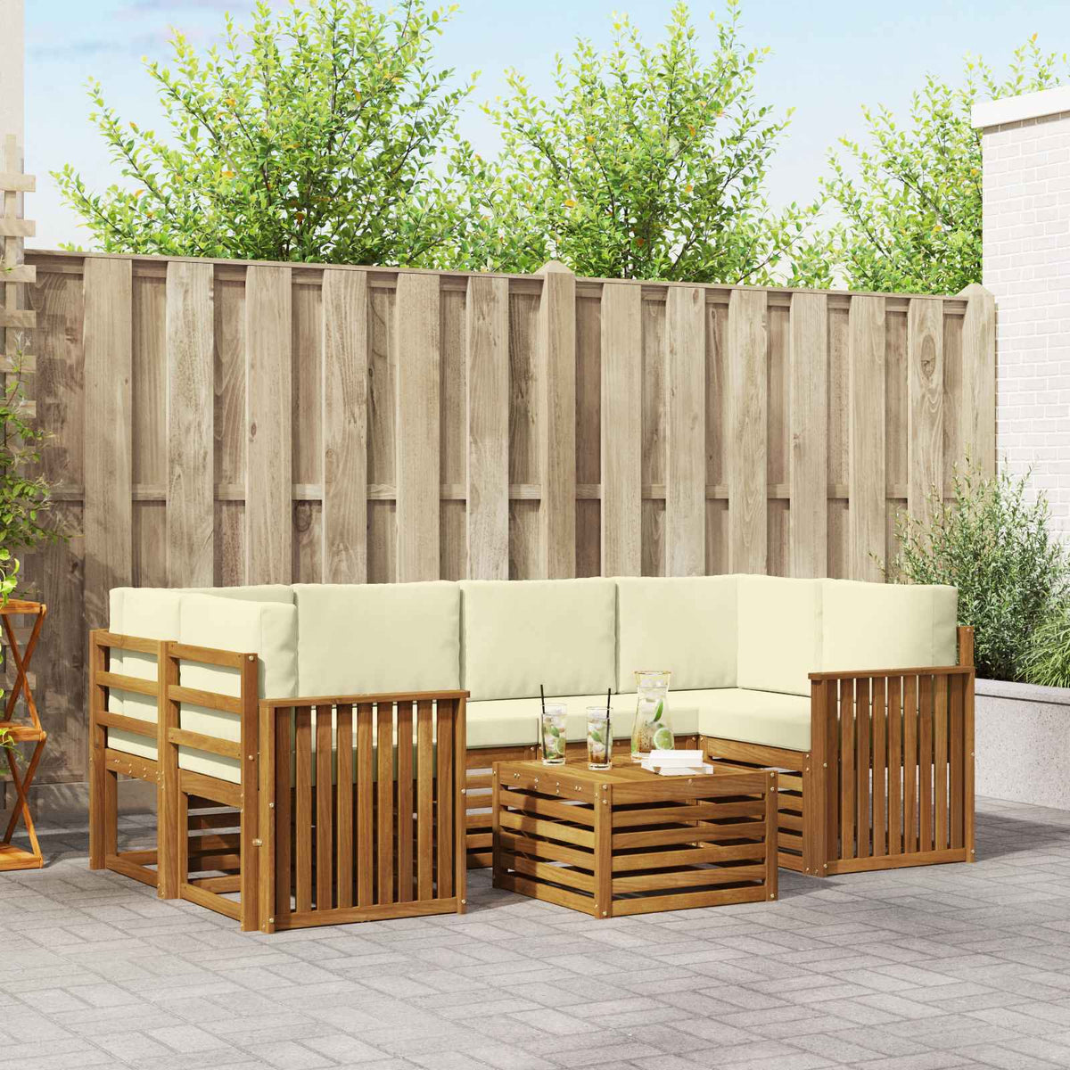 Outdoor-Sofagarnitur 7 stk. Natur und Creme Massivholz Akazie