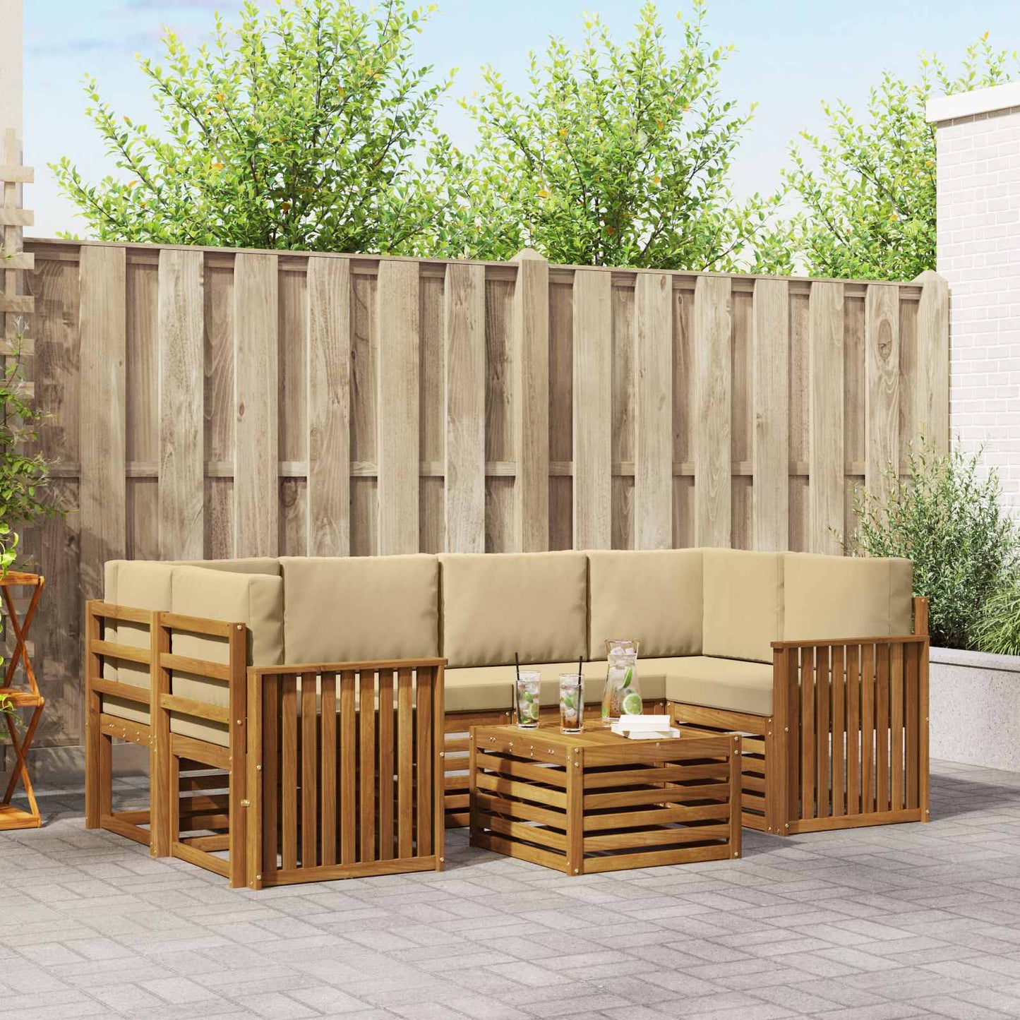Outdoor-Sofagarnitur 7 stk. Natur und Beige Massivholz Akazie