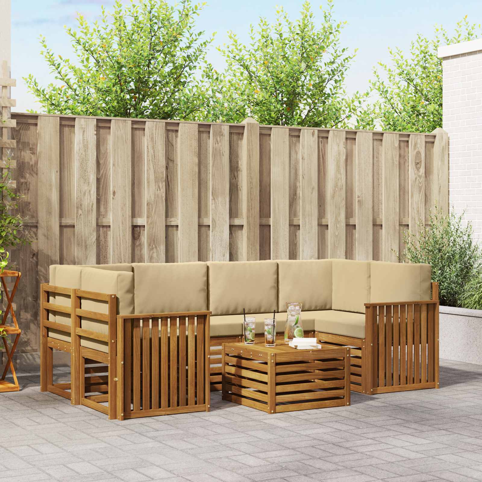 Outdoor-Sofagarnitur 7 stk. Natur und Beige Massivholz Akazie