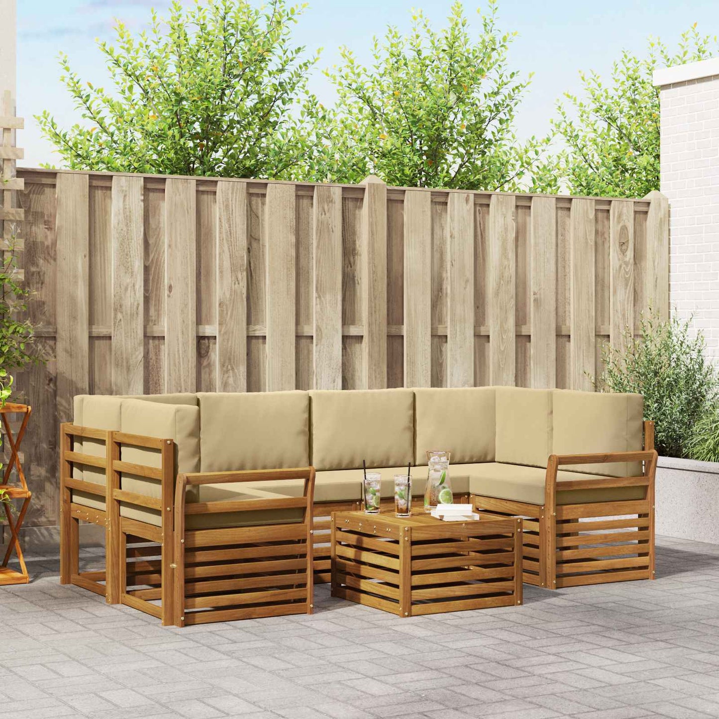 Outdoor-Sofagarnitur 7 stk. Natur und Beige Massivholz Akazie