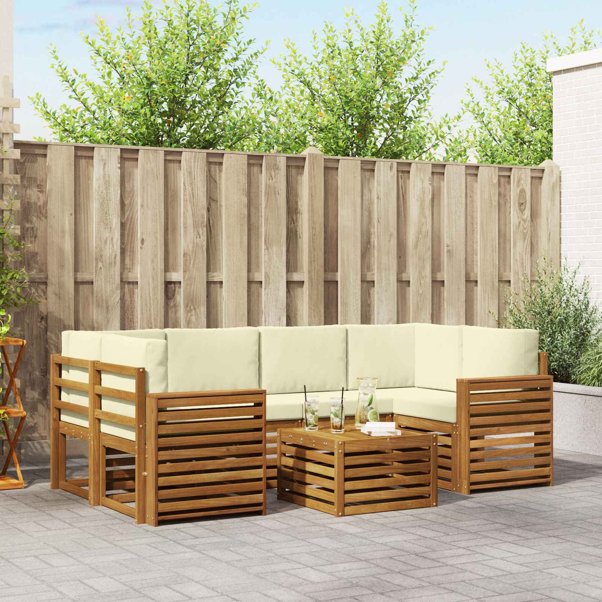 Outdoor-Sofagarnitur 7 stk. Natur und Creme Massivholz Akazie