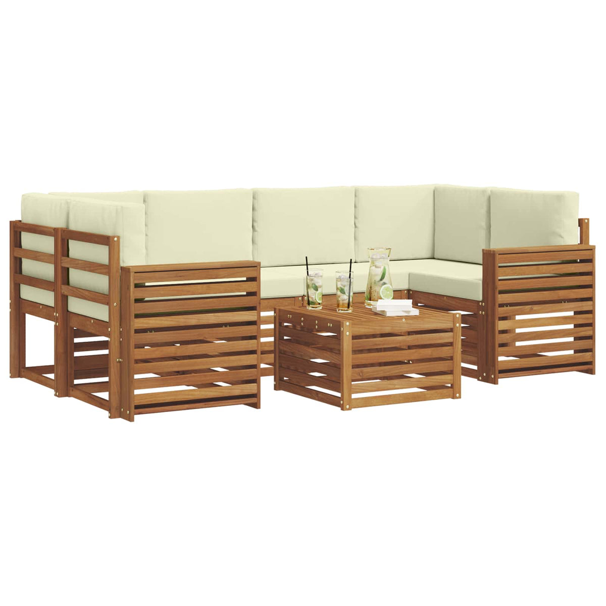 Outdoor-Sofagarnitur 7 stk. Natur und Creme Massivholz Akazie