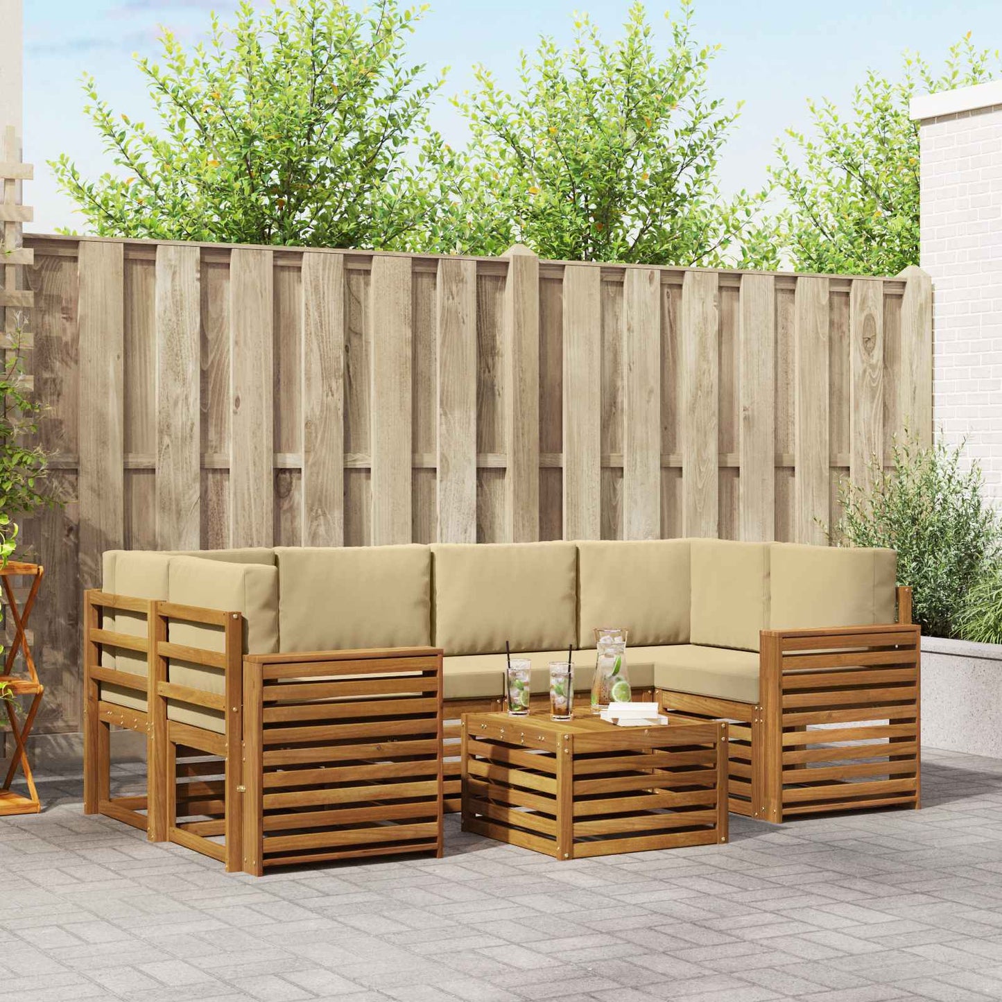 Outdoor-Sofagarnitur 7 stk. Natur und Beige Massivholz Akazie