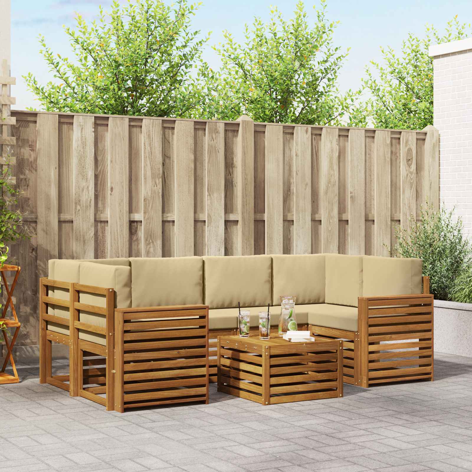 Outdoor-Sofagarnitur 7 stk. Natur und Beige Massivholz Akazie
