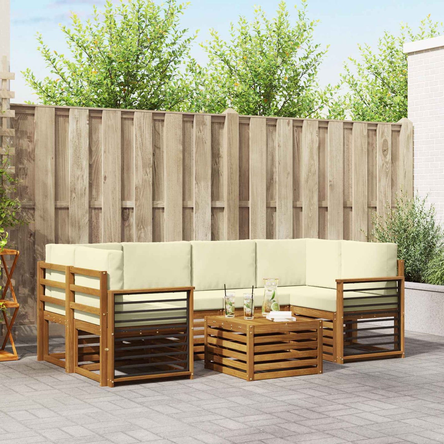 Outdoor-Sofagarnitur 7 stk. Natur und Creme Massivholz Akazie