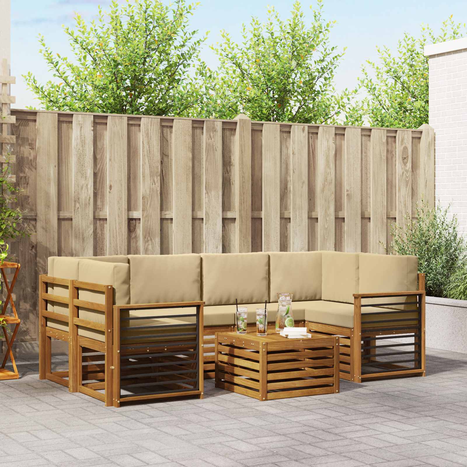 Outdoor-Sofagarnitur 7 stk. Natur und Beige Massivholz Akazie