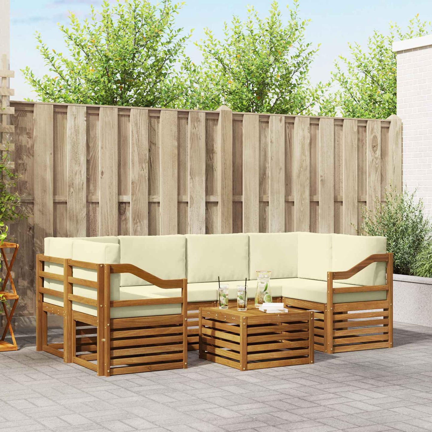 Outdoor-Sofagarnitur 7 stk. Natur und Creme Massivholz Akazie