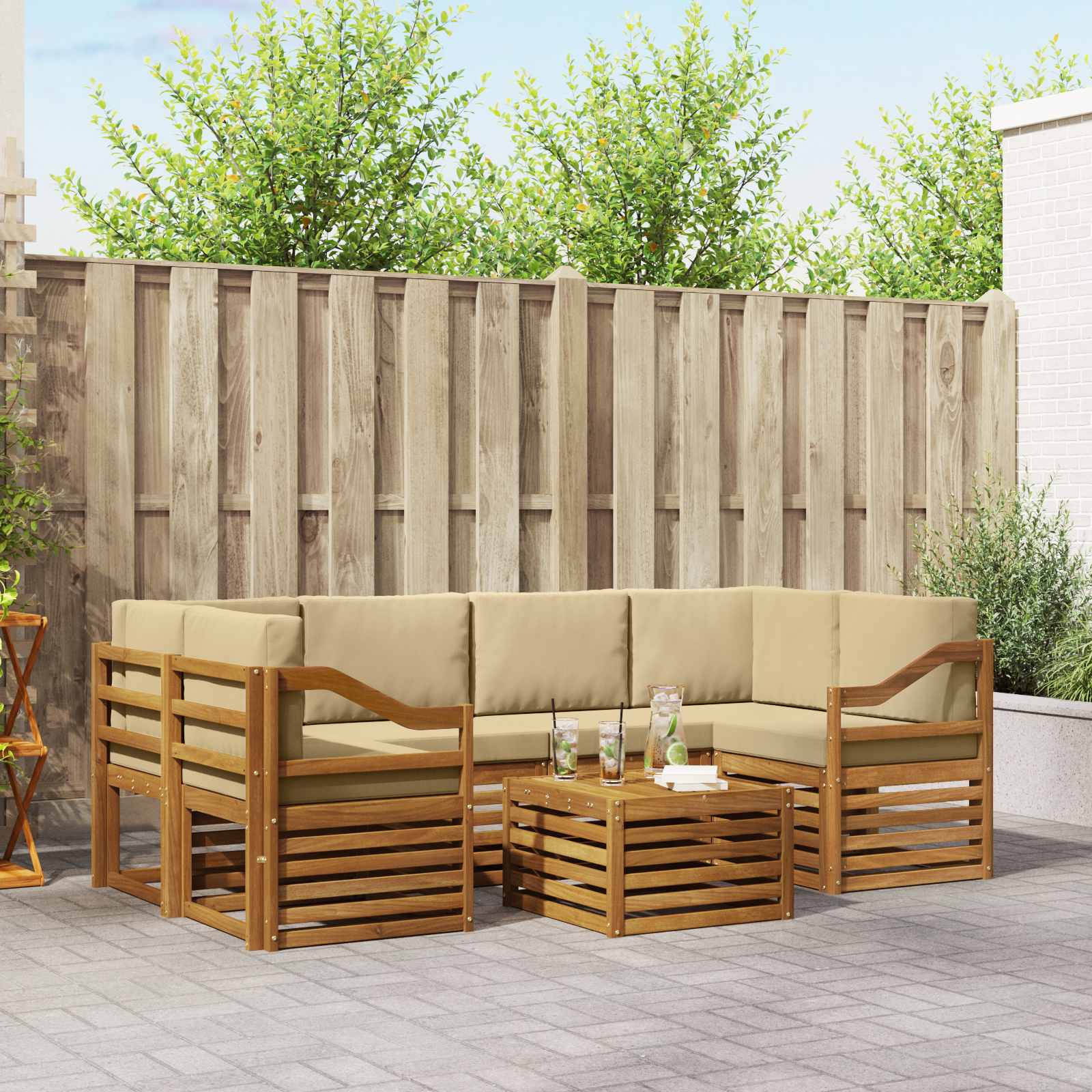 Outdoor-Sofagarnitur 7 stk. Natur und Beige Massivholz Akazie