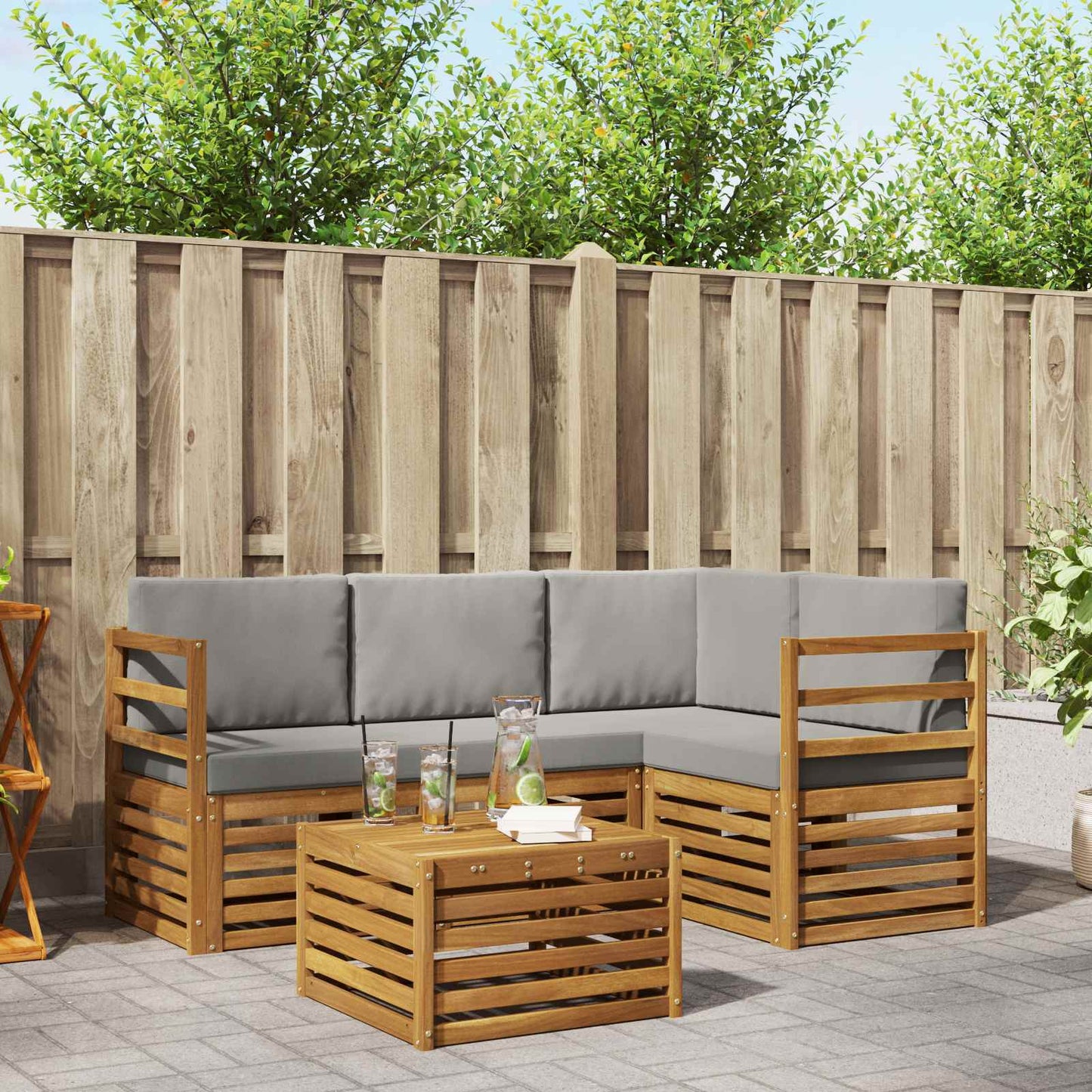 Outdoor-Sofagarnitur 5 stk. Natürlich und Hellgrau Polyester