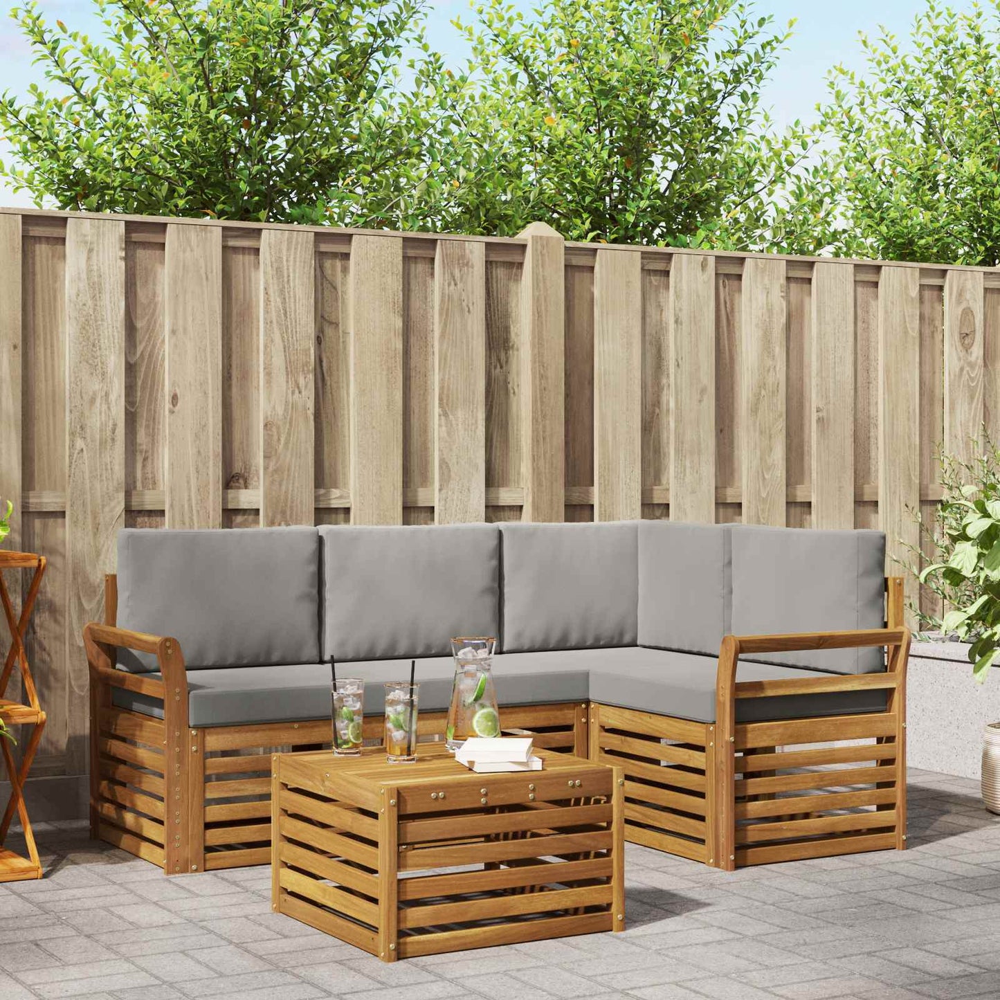 Outdoor-Sofagarnitur 5 stk. Natürlich und Hellgrau Polyester