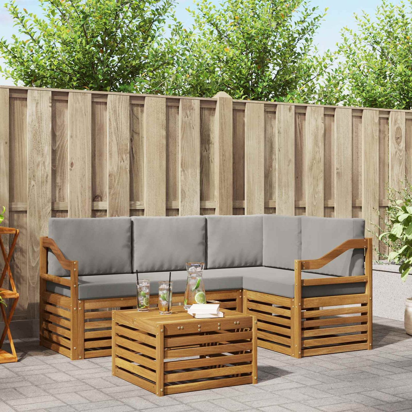 Outdoor-Sofagarnitur 5 stk. Natürlich und Hellgrau Polyester