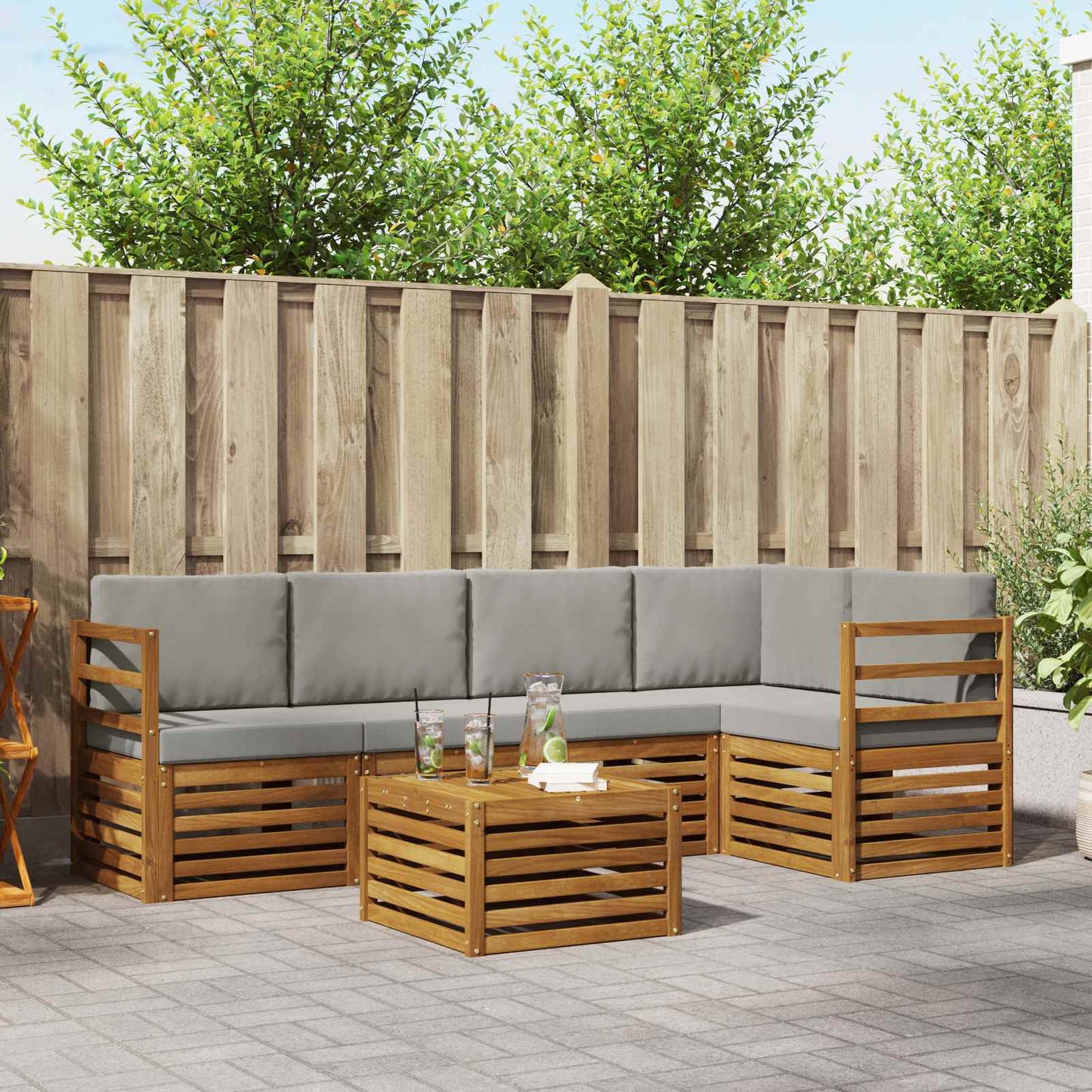 Outdoor-Sofagarnitur 6 stk. Natürlich und Hellgrau Polyester