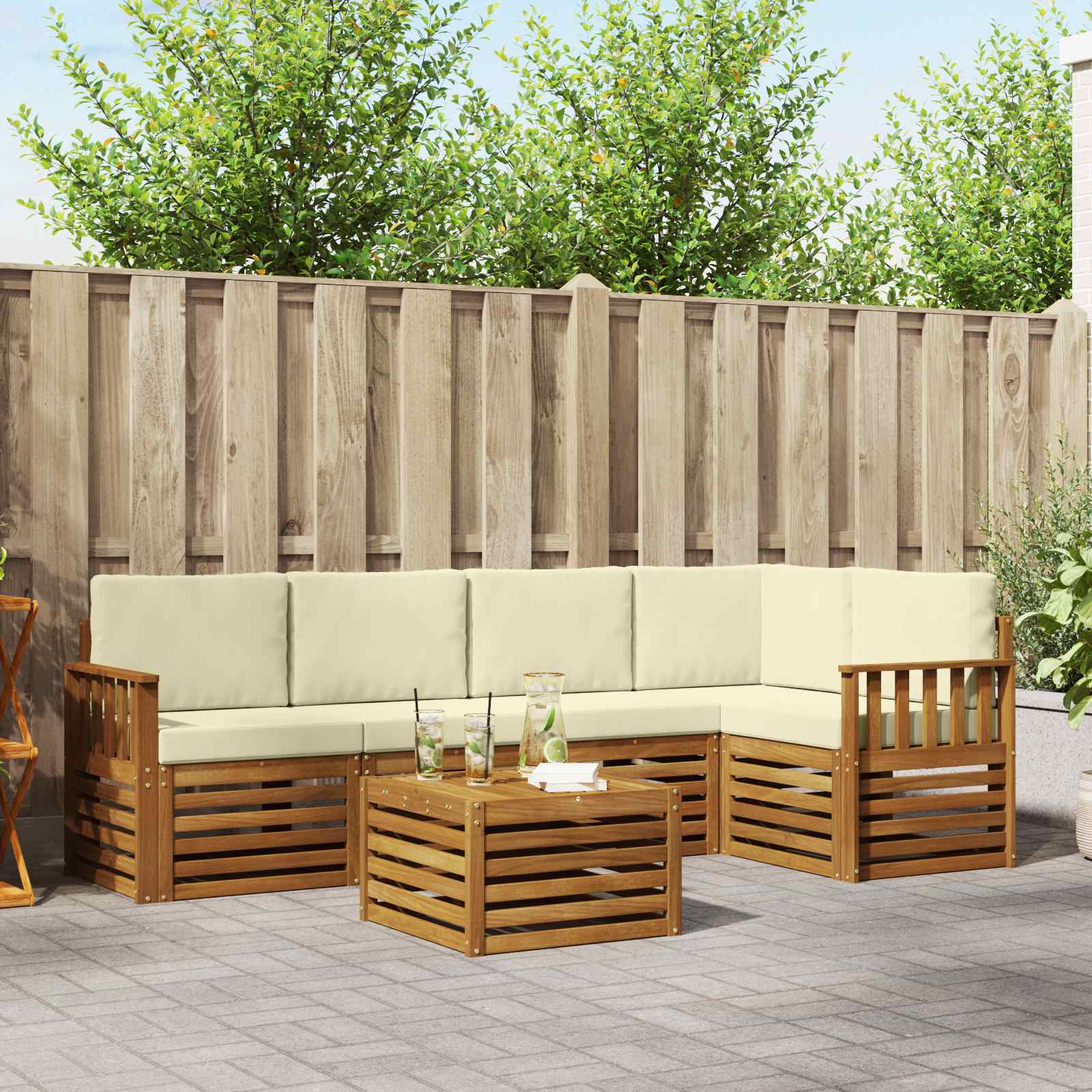 Ecksofa Set mit Kissen 6 pcs Natur und Creme Massivholz Akazie