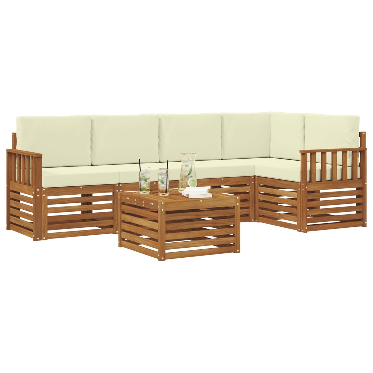 Ecksofa Set mit Kissen 6 pcs Natur und Creme Massivholz Akazie