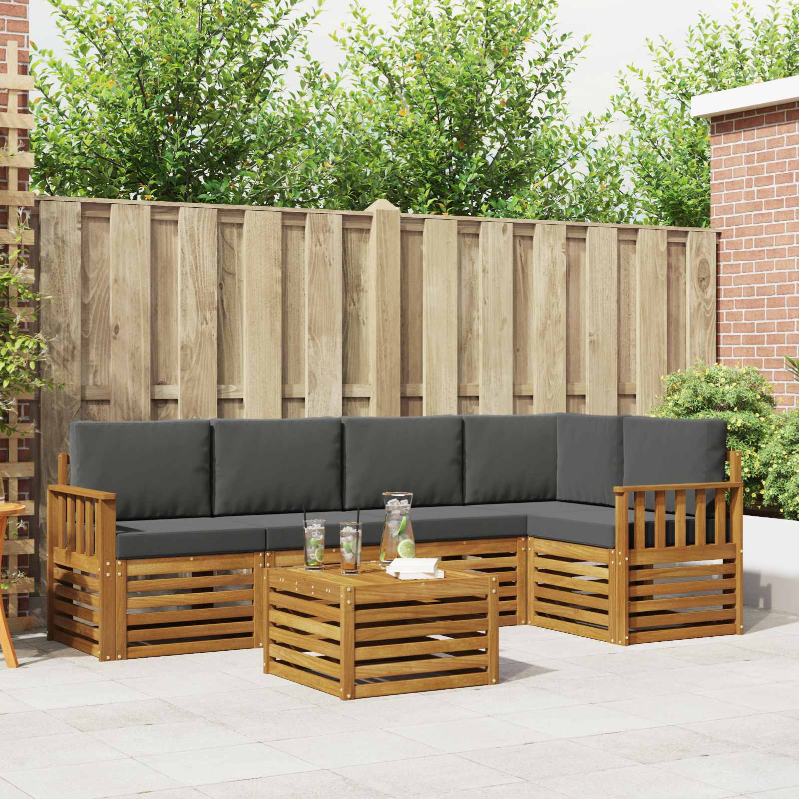 Ecksofa Set 6 pcs Natur und Anthrazit Massivholz Akazie