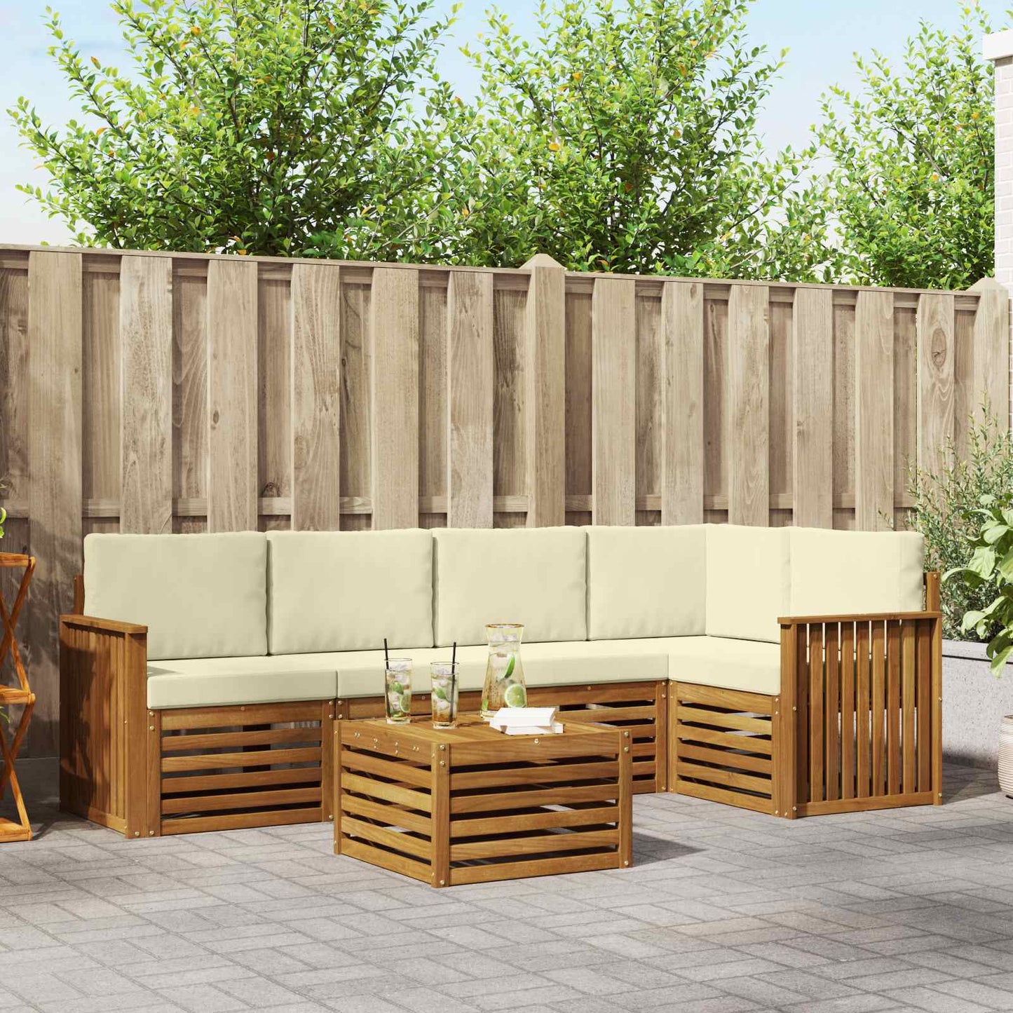 Ecksofa Set mit Kissen 6 pcs Natur und Creme Massivholz Akazie