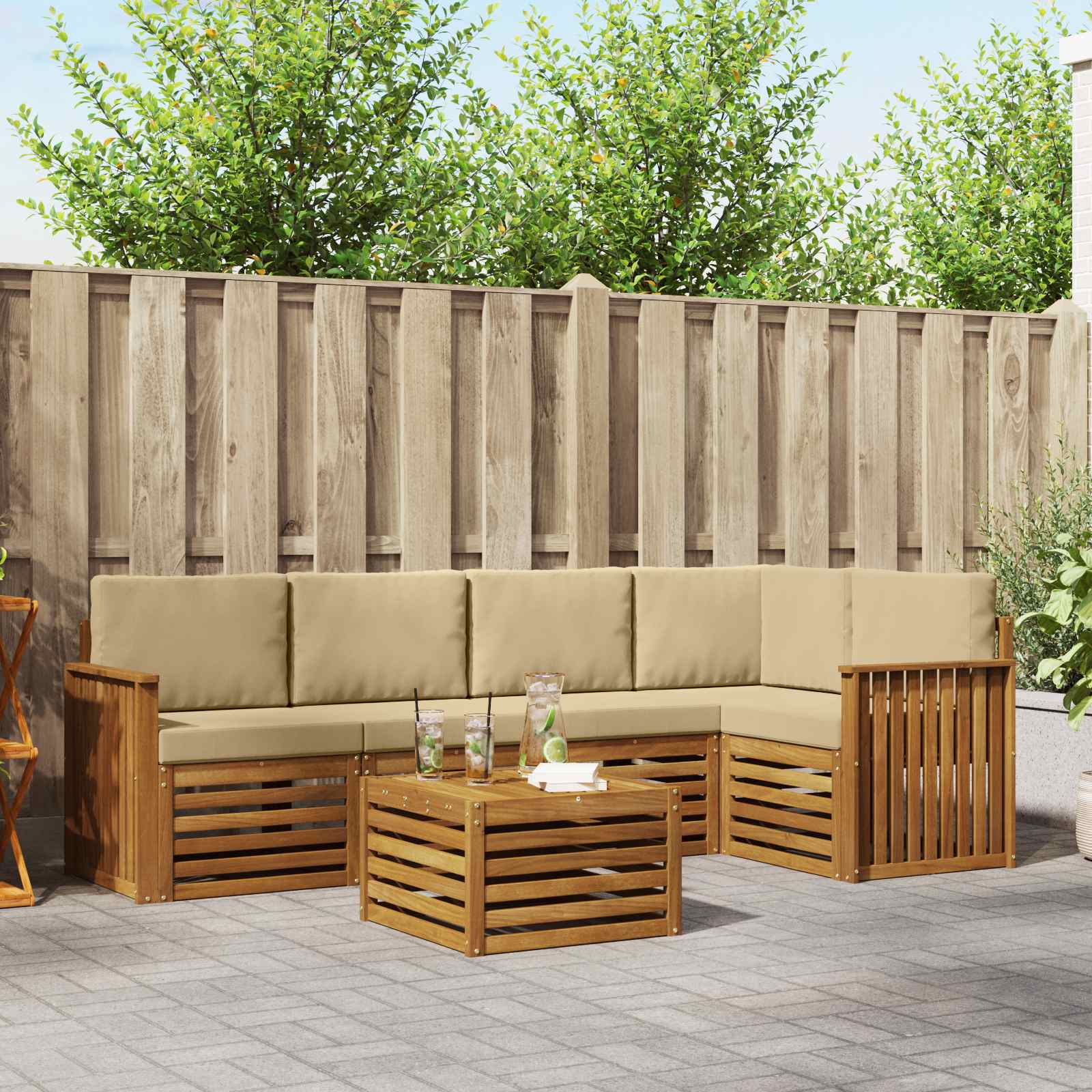Ecksofa Set mit Kissen 6 pcs Natur und Beige Massivholz Akazie