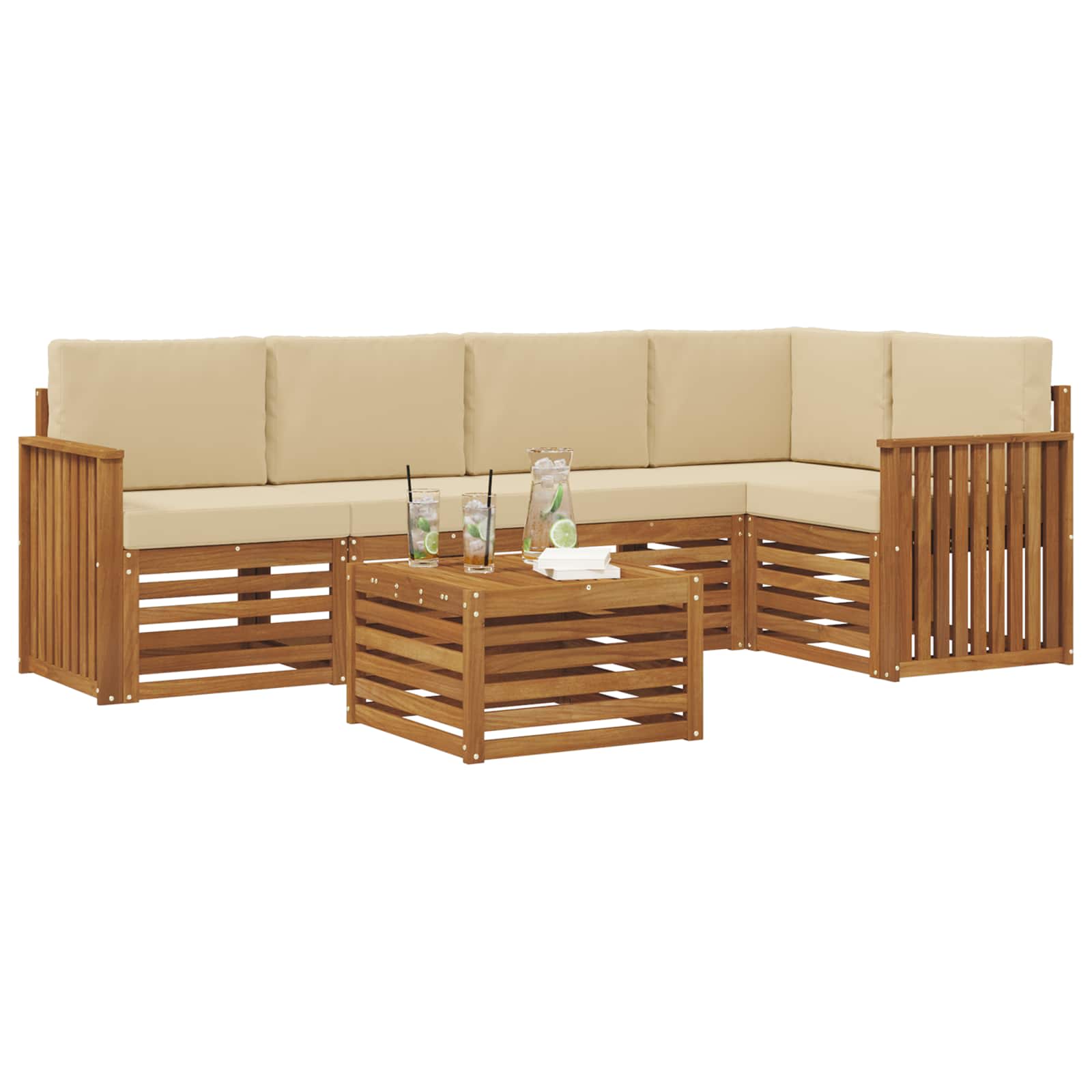 Ecksofa Set mit Kissen 6 pcs Natur und Beige Massivholz Akazie