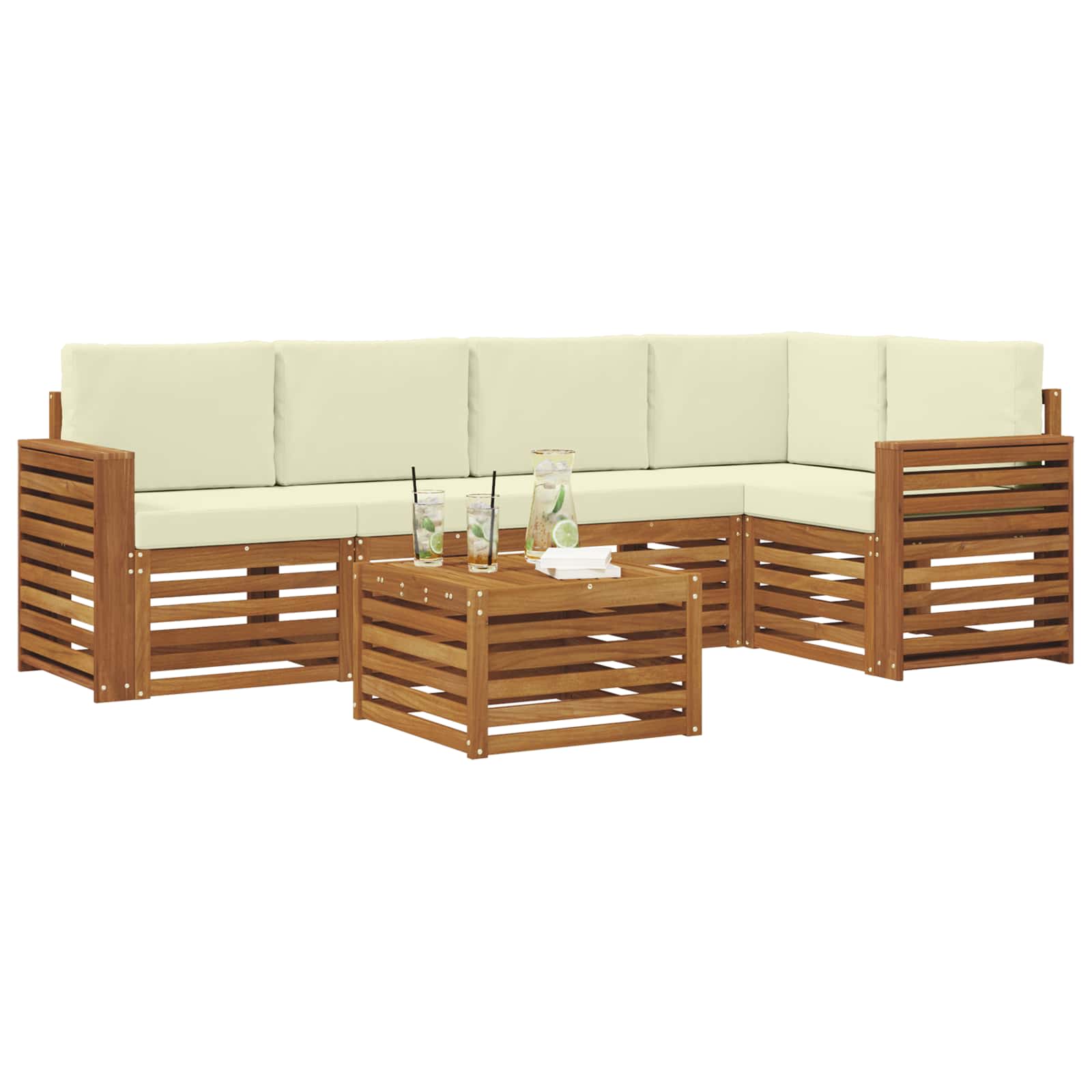 Ecksofa Set mit Kissen 6 pcs Natur und Creme Massivholz Akazie