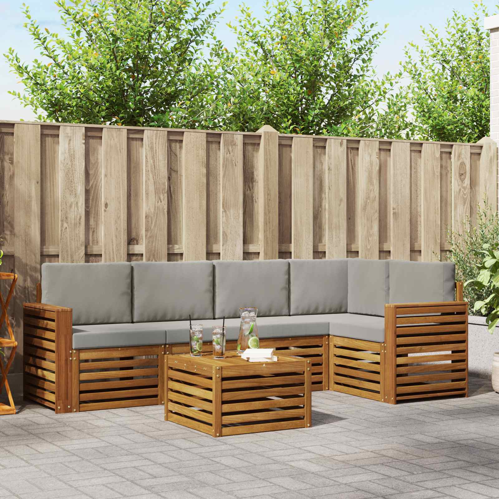 Outdoor-Sofagarnitur 6 stk. Natürlich und Hellgrau Polyester