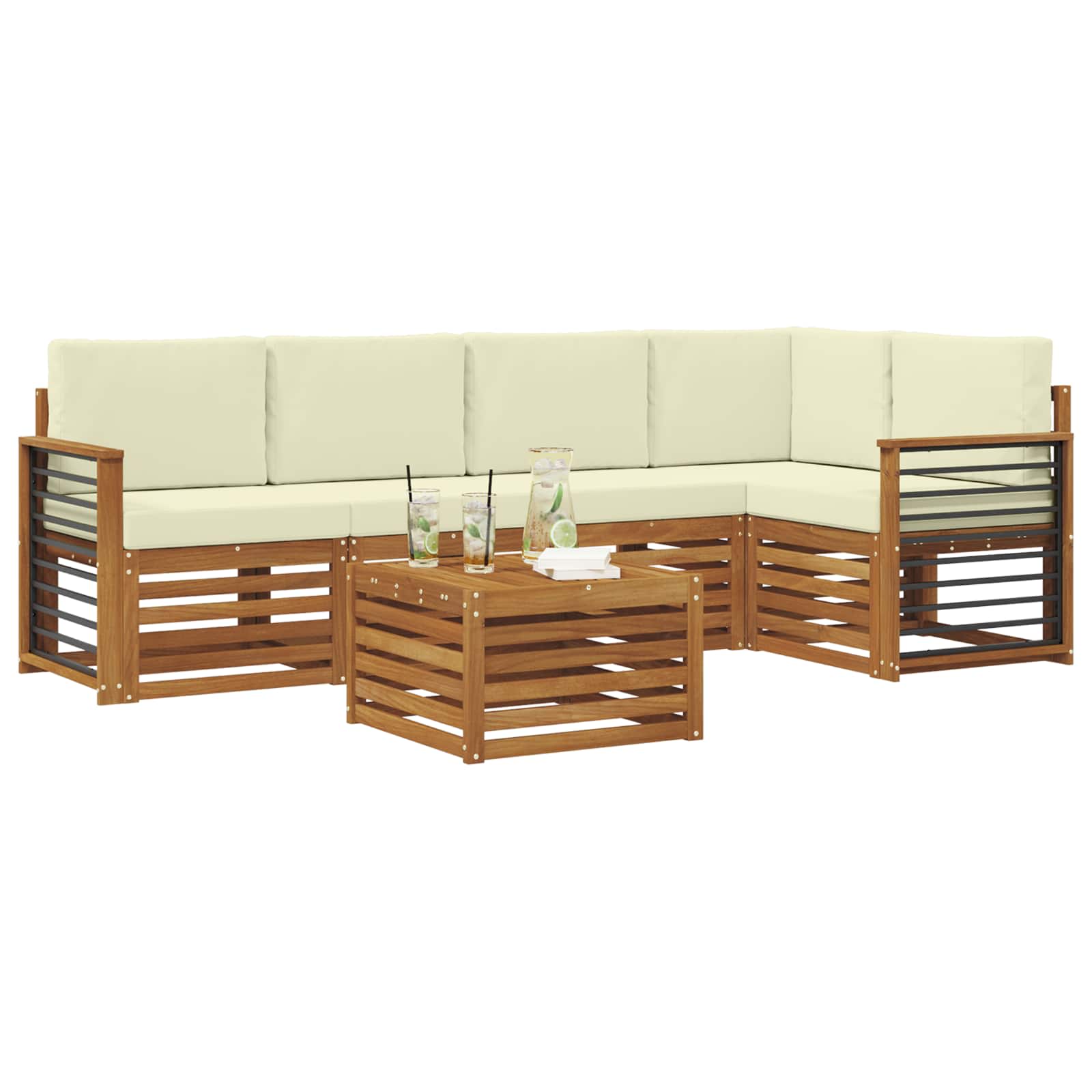 Ecksofa Set mit Kissen 6 pcs Natur und Creme Massivholz Akazie