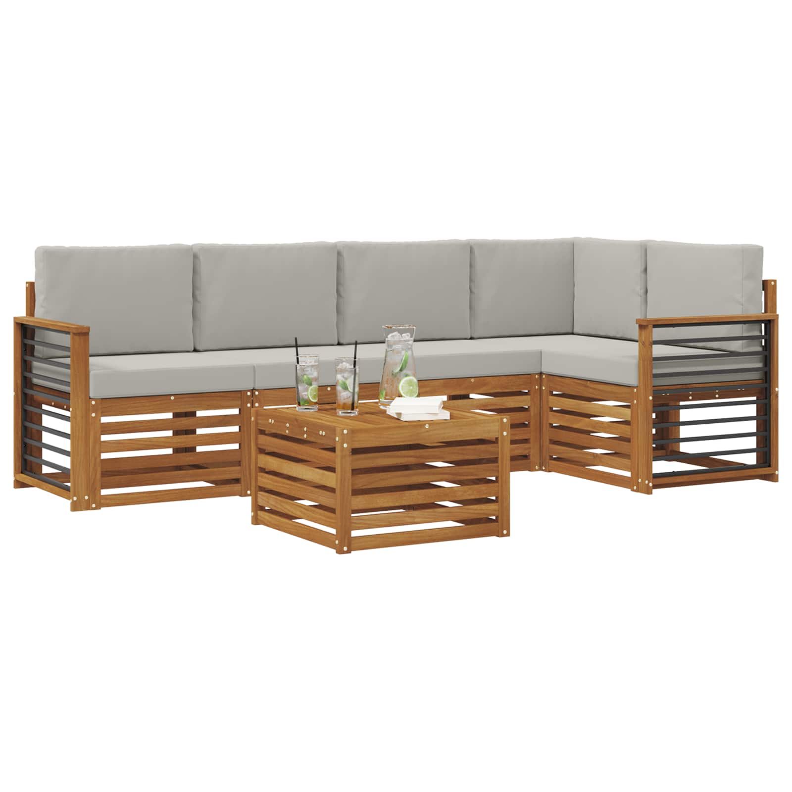 Outdoor-Sofagarnitur 6 stk. Natürlich und Hellgrau Polyester