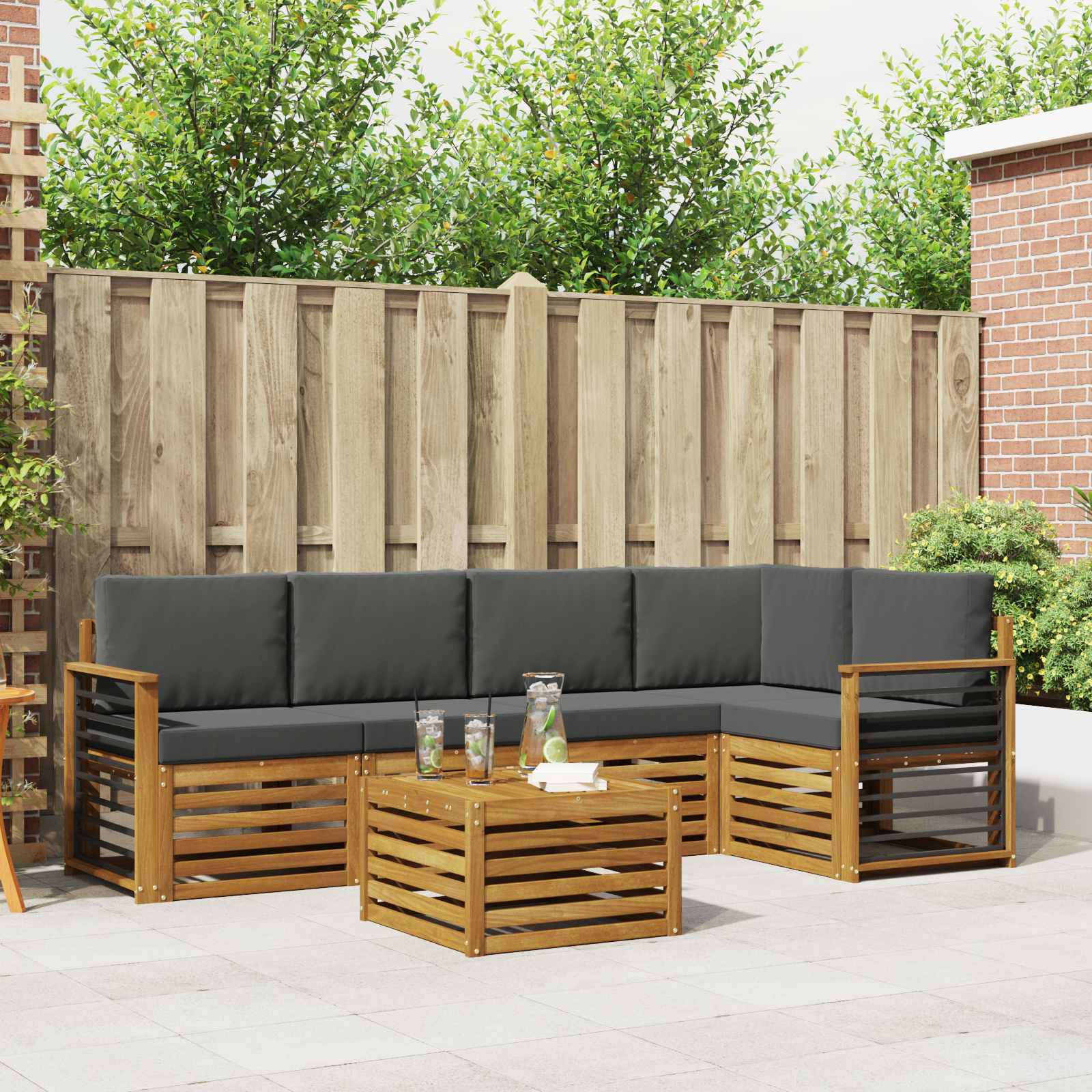 Ecksofa Set 6 pcs Natur und Anthrazit Massivholz Akazie