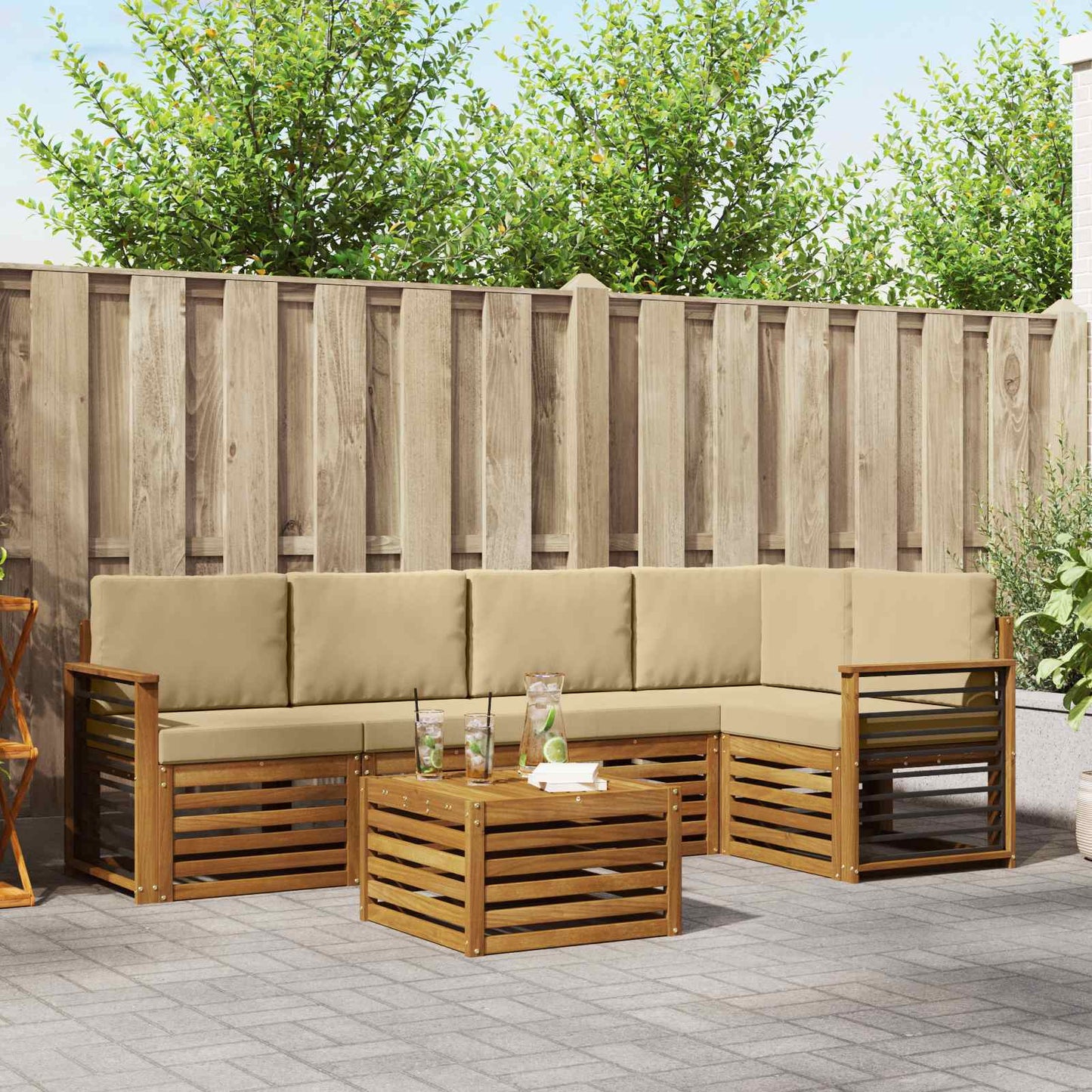 Ecksofa Set mit Kissen 6 pcs Natur und Beige Massivholz Akazie