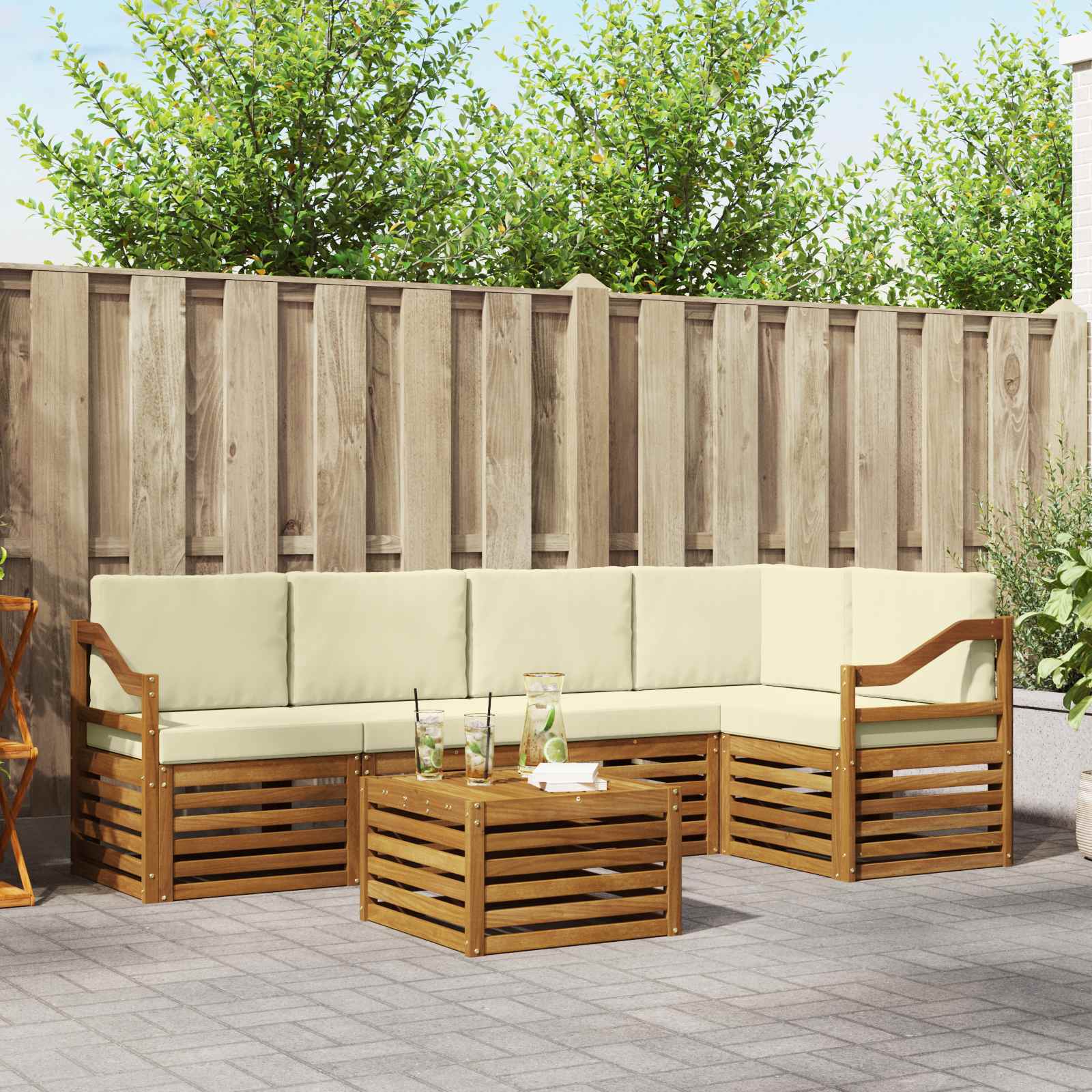 Ecksofa Set mit Kissen 6 pcs Natur und Creme Massivholz Akazie