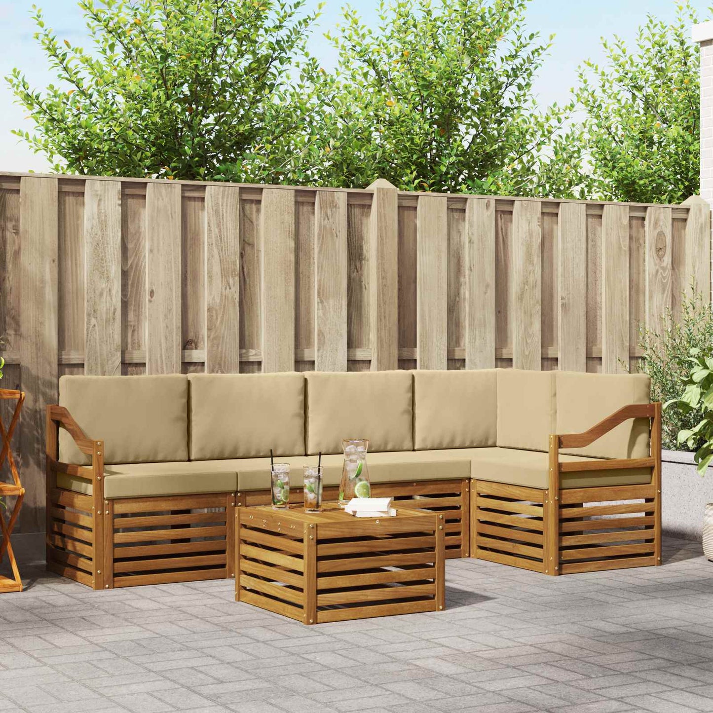 Ecksofa Set mit Kissen 6 pcs Natur und Beige Massivholz Akazie