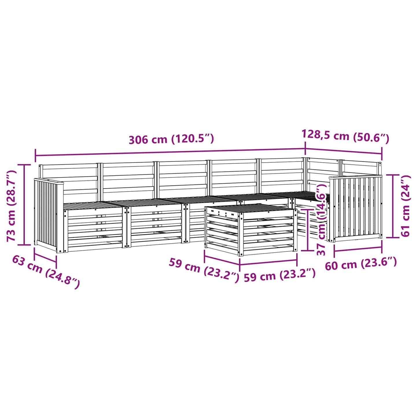 Ecksofa Set 7 pcs Natur Massivholz Akazie