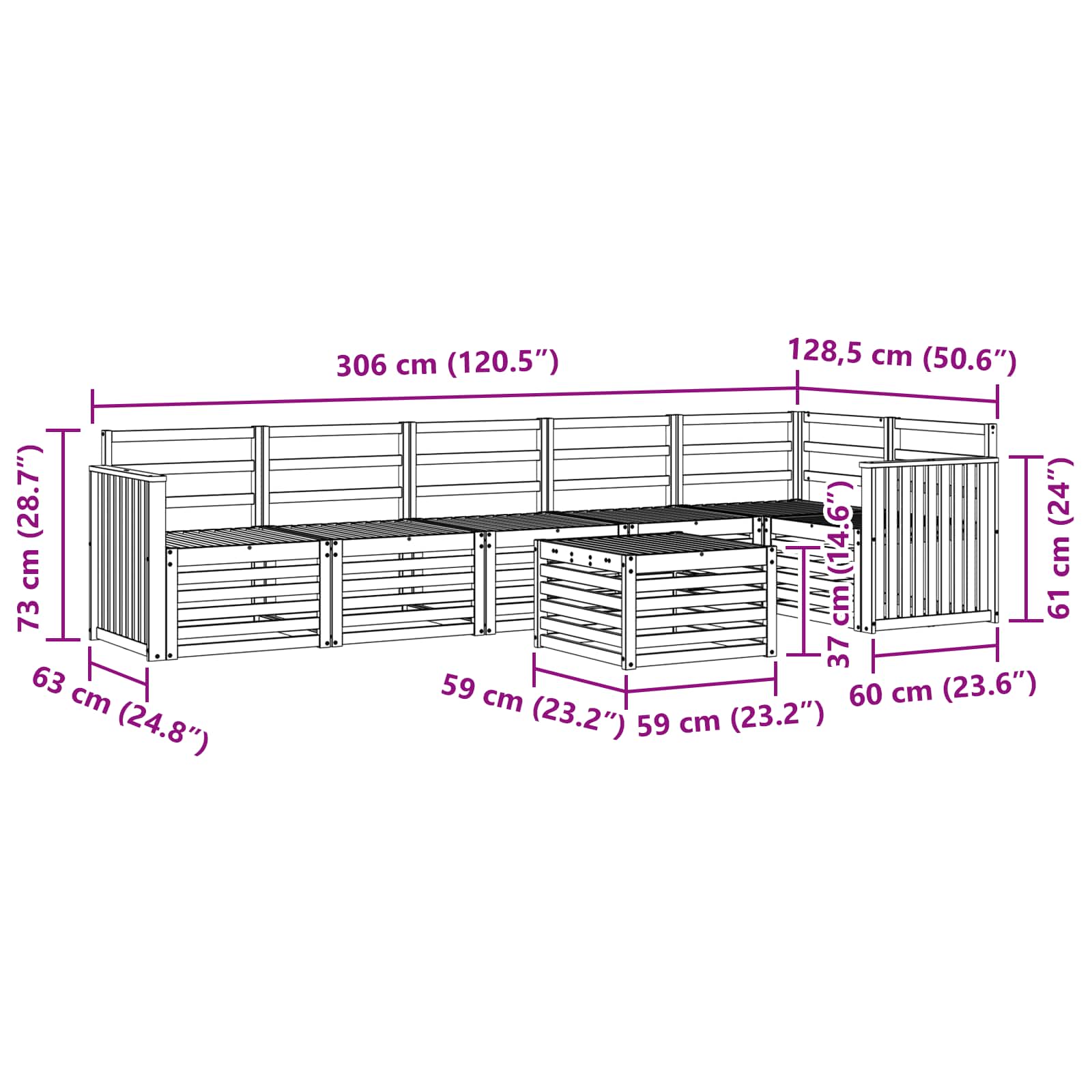 Ecksofa Set 7 pcs Natur Massivholz Akazie