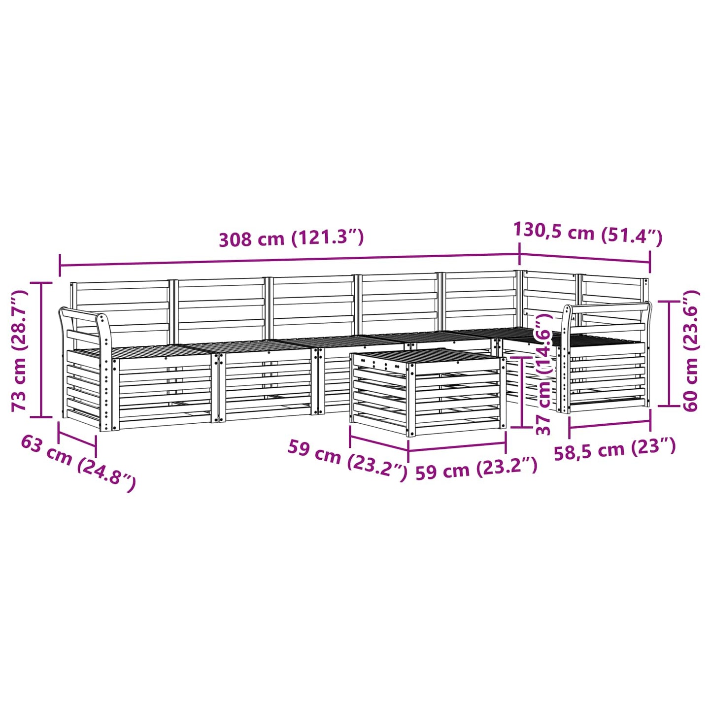 Ecksofa Set 7 pcs Natur Massivholz Akazie