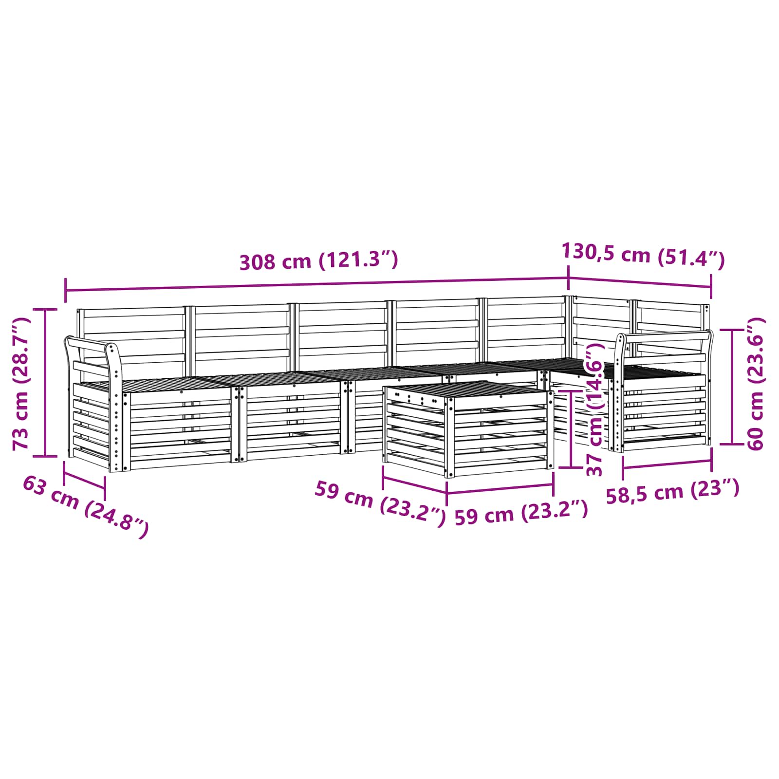 Ecksofa Set 7 pcs Natur Massivholz Akazie