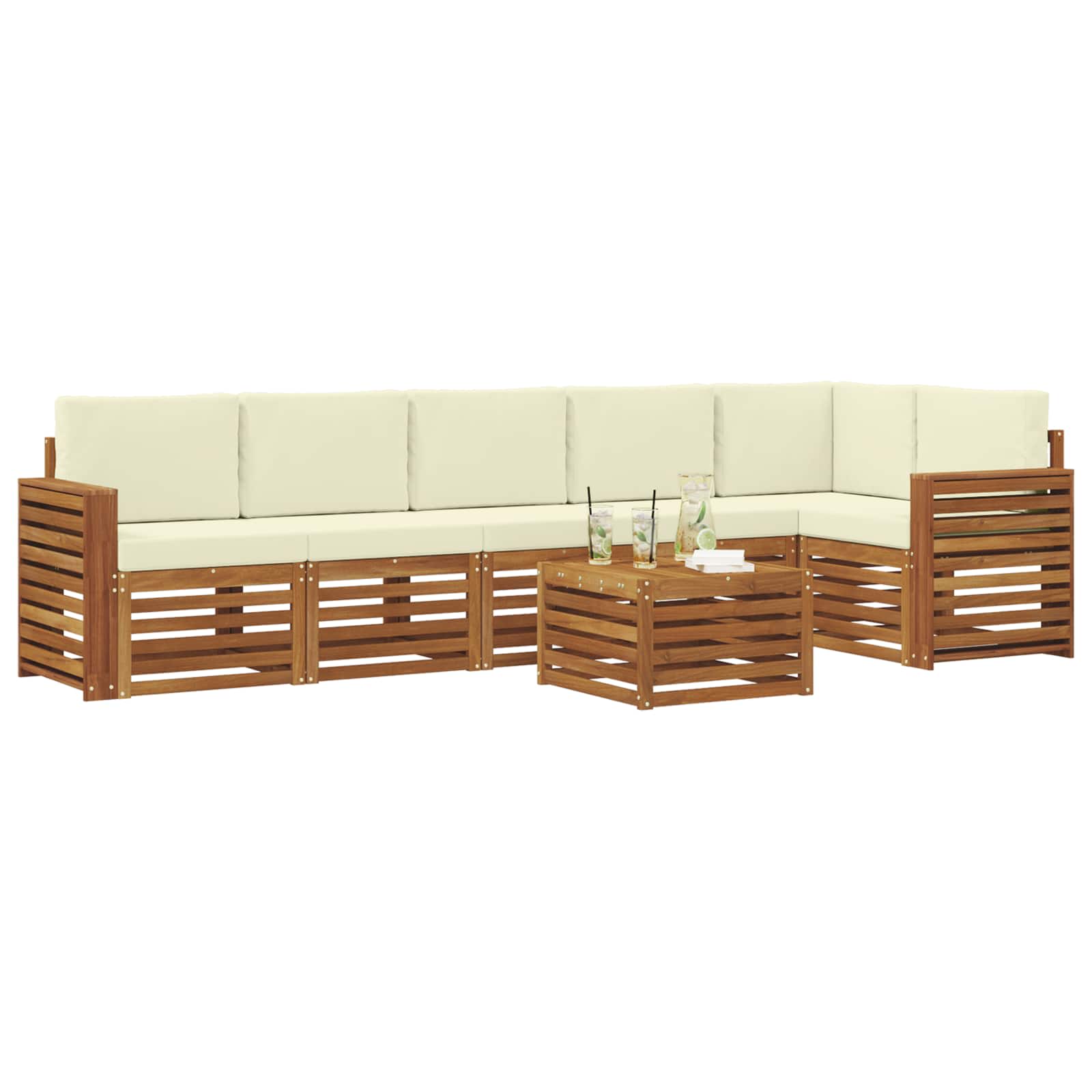 Ecksofa Set mit Kissen 7 pcs Natur und Creme Massivholz Akazie