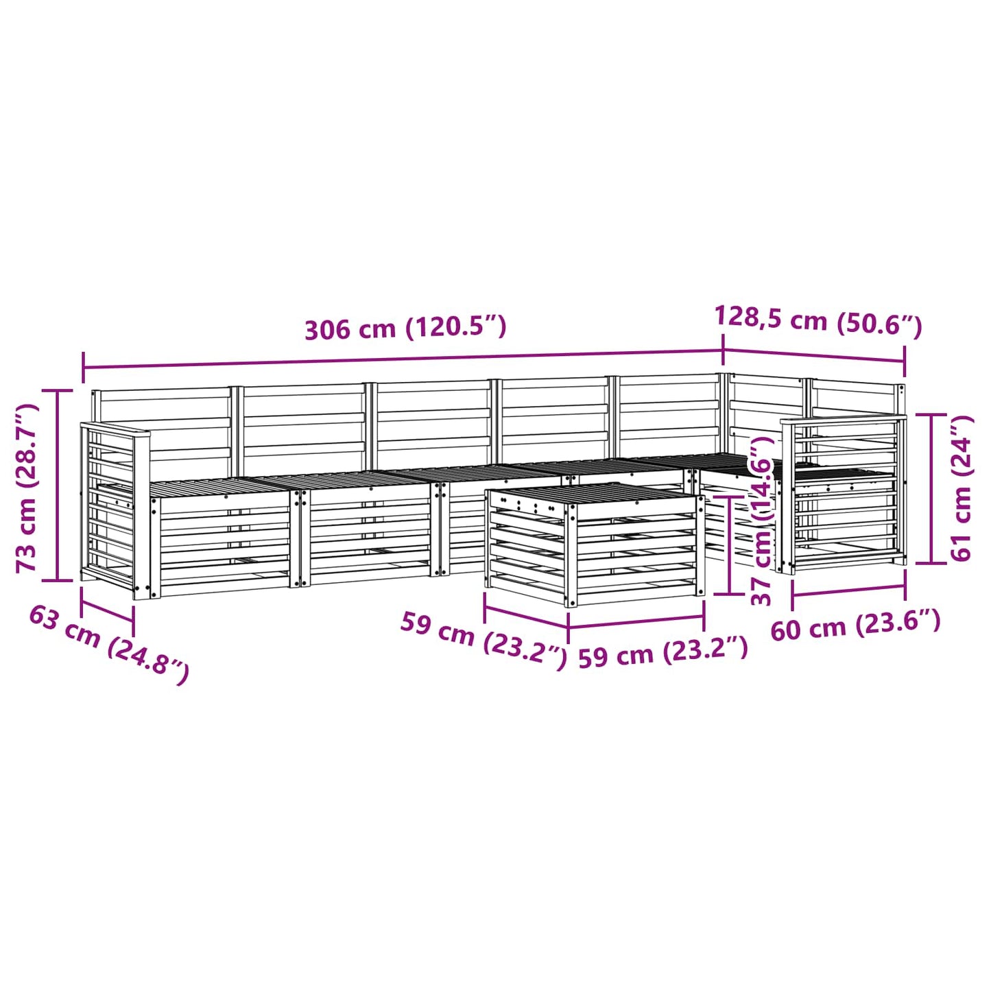 Ecksofa Set 7 pcs Natur Massivholz Akazie