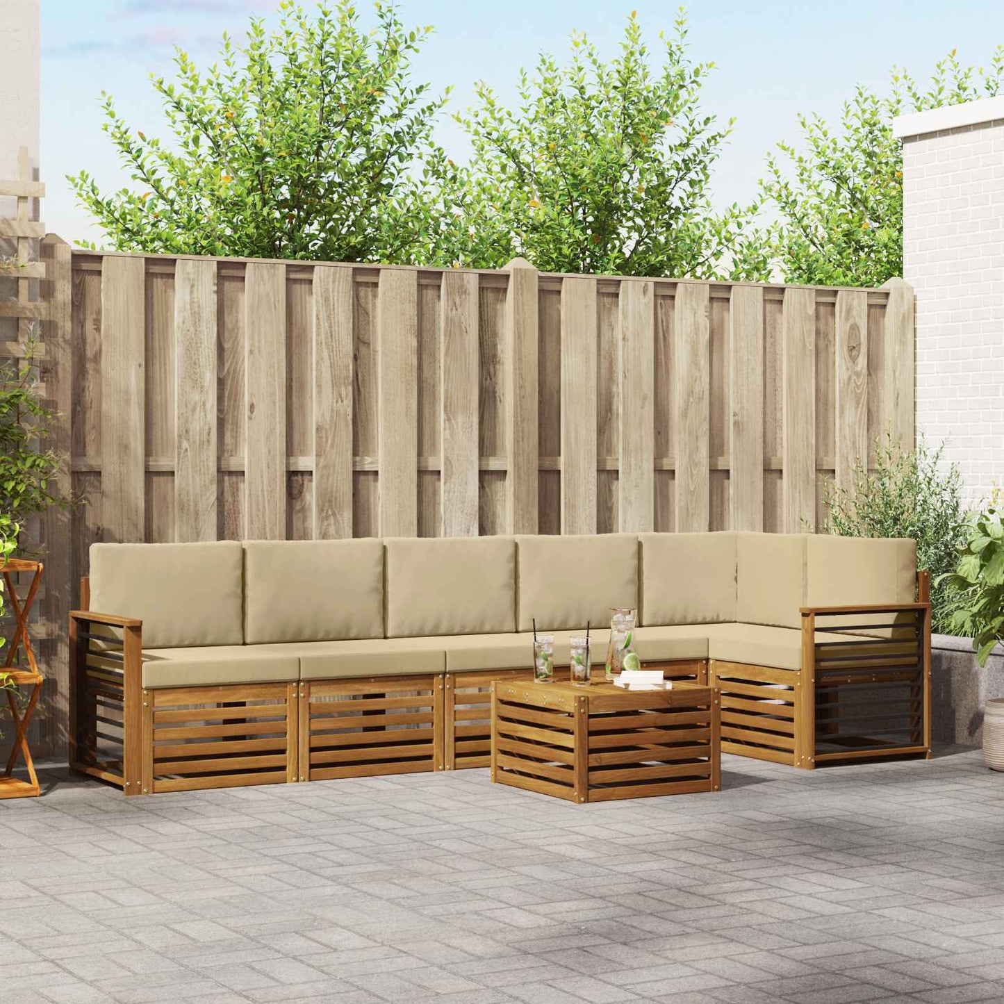 Ecksofa Set mit Kissen 7 pcs Natur und Beige Massivholz Akazie