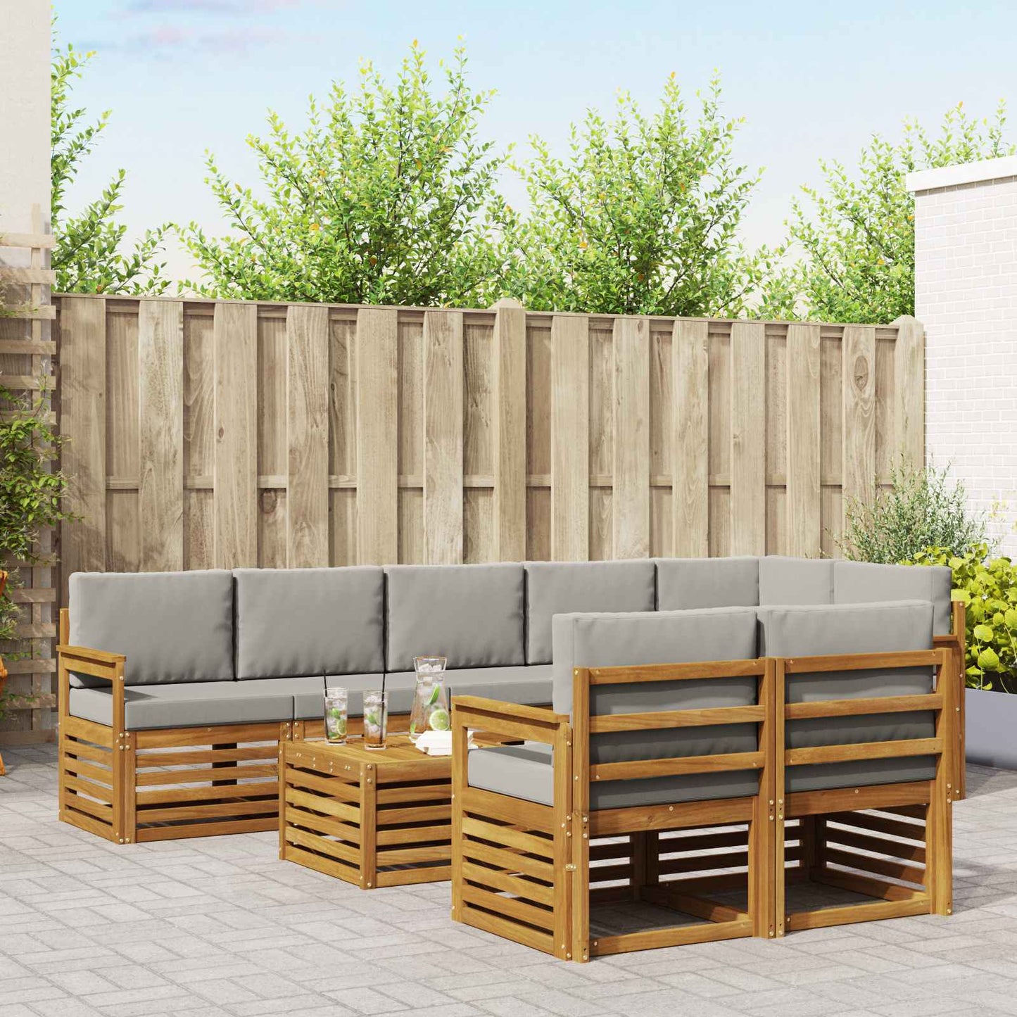 Outdoor-Sofagarnitur 9 stk. Natürlich und Hellgrau Polyester