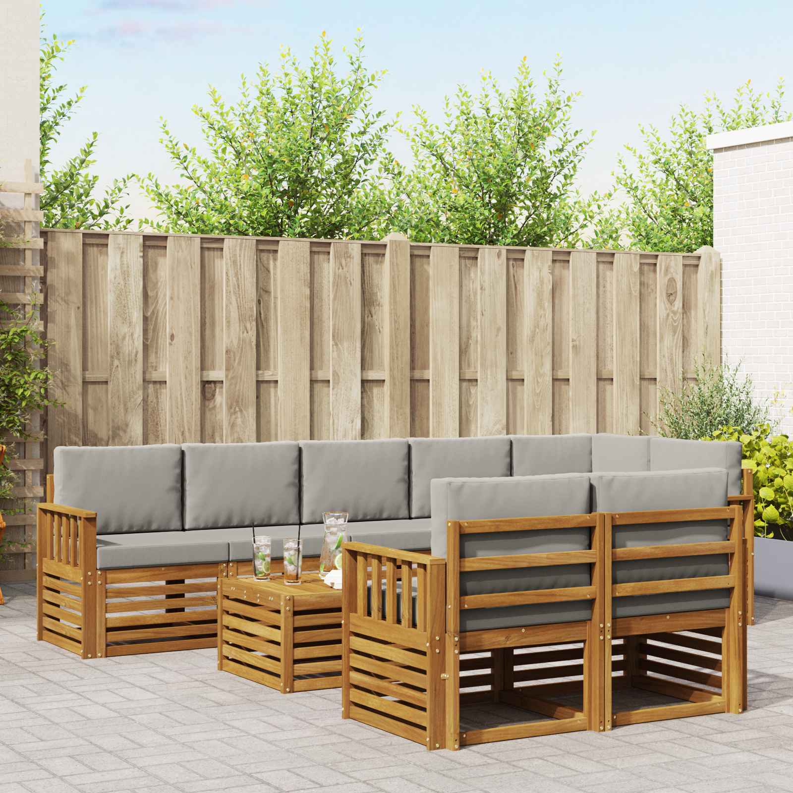 Outdoor-Sofagarnitur 9 stk. Natürlich und Hellgrau Polyester