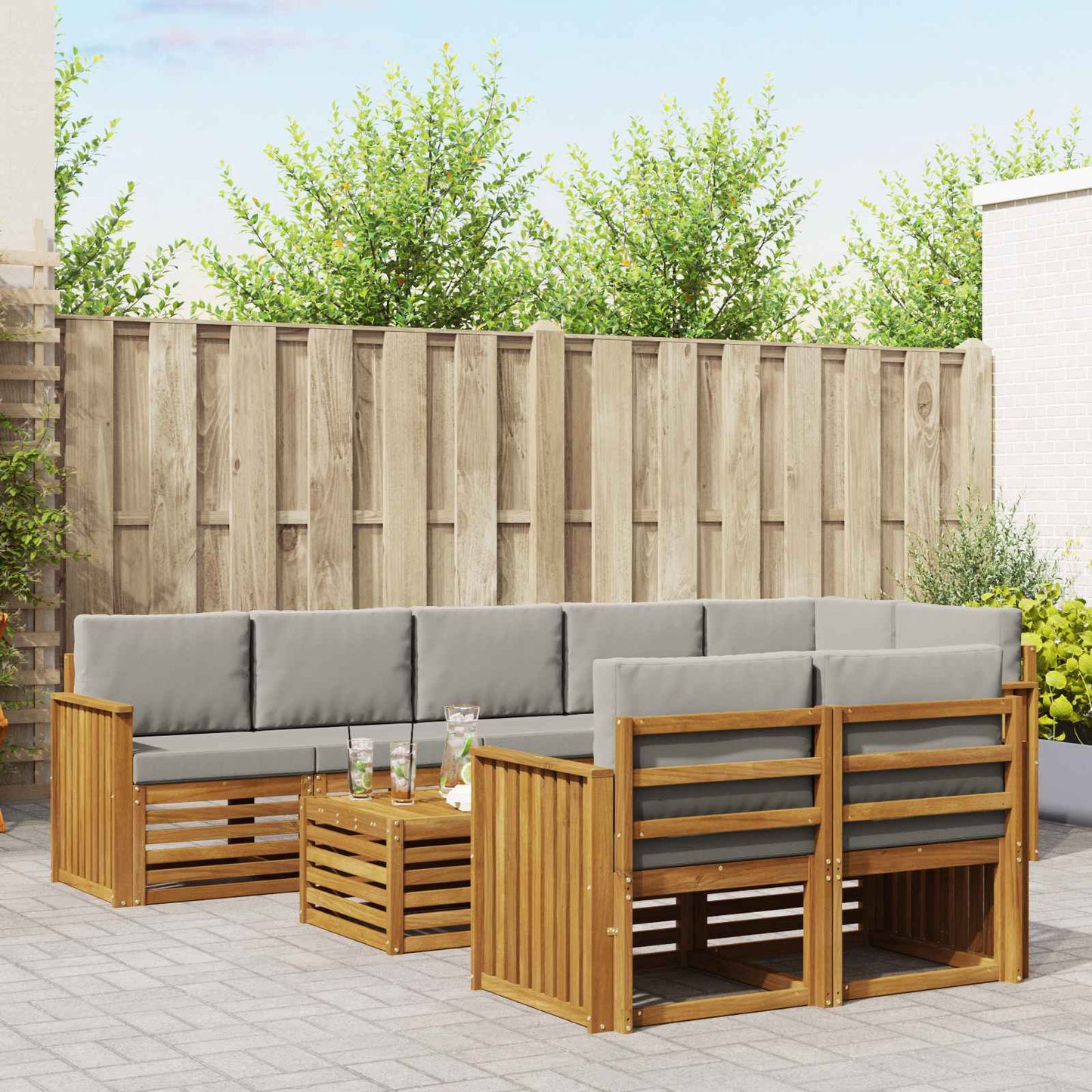 Outdoor-Sofagarnitur 9 stk. Natürlich und Hellgrau Polyester