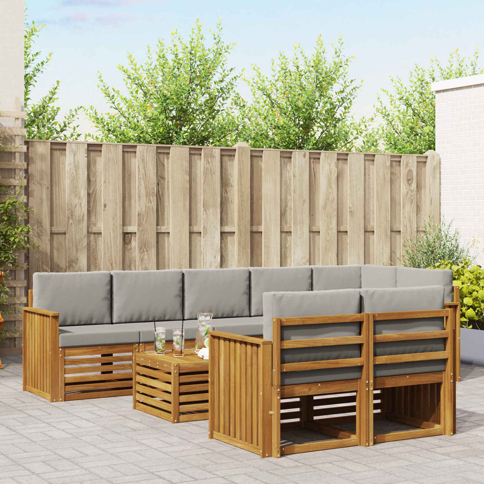 Outdoor-Sofagarnitur 9 stk. Natürlich und Hellgrau Polyester