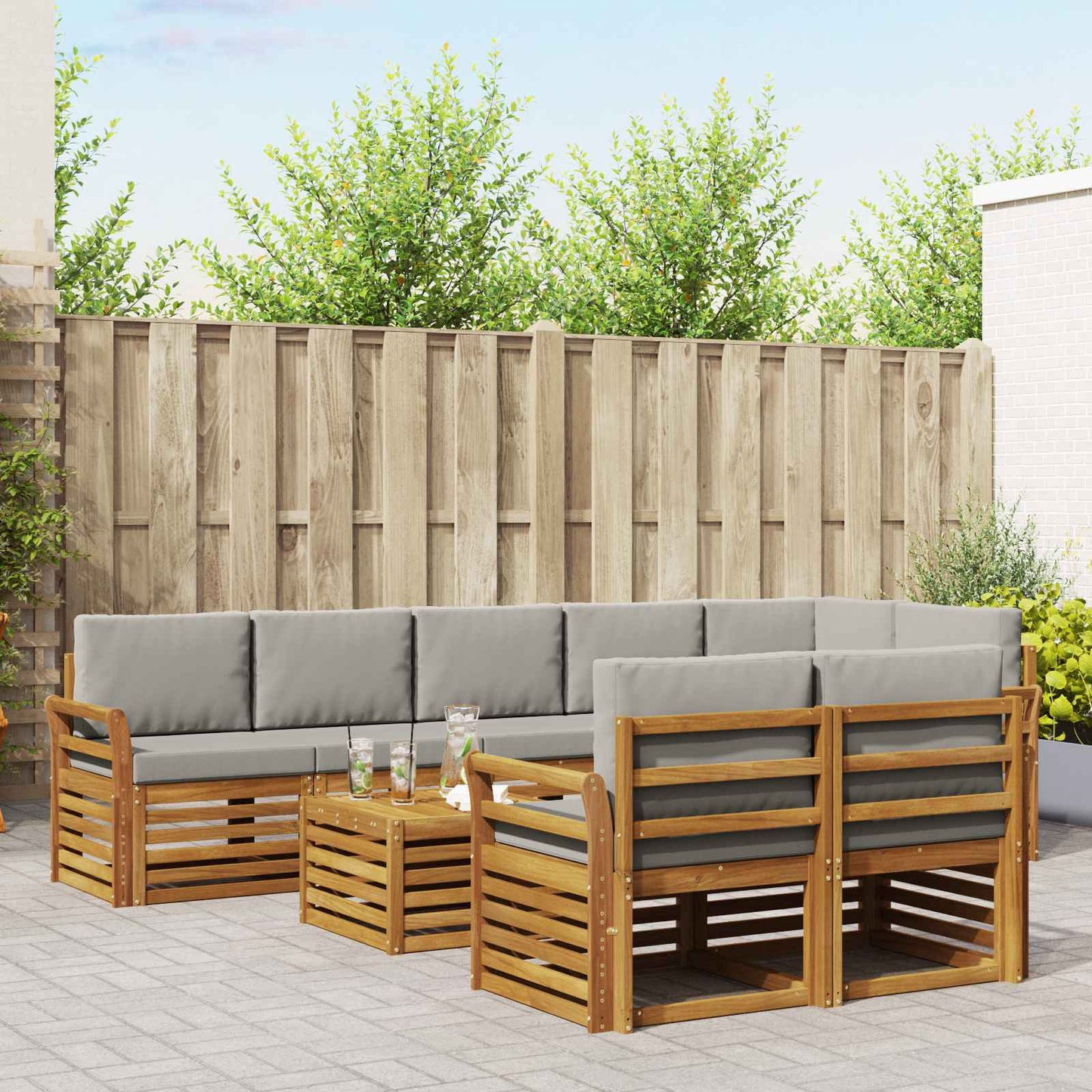 Outdoor-Sofagarnitur 9 stk. Natürlich und Hellgrau Polyester