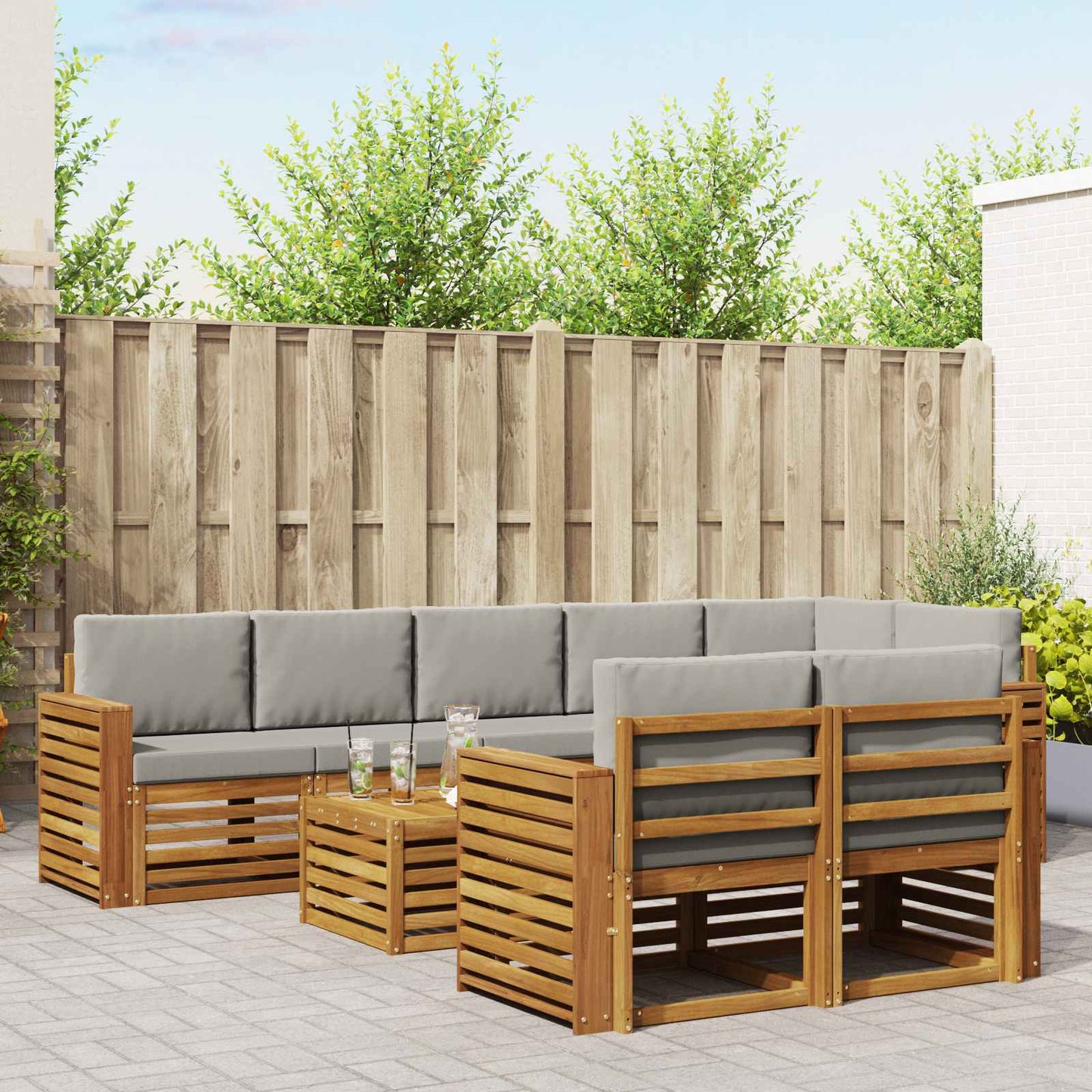 Outdoor-Sofagarnitur 9 stk. Natürlich und Hellgrau Polyester