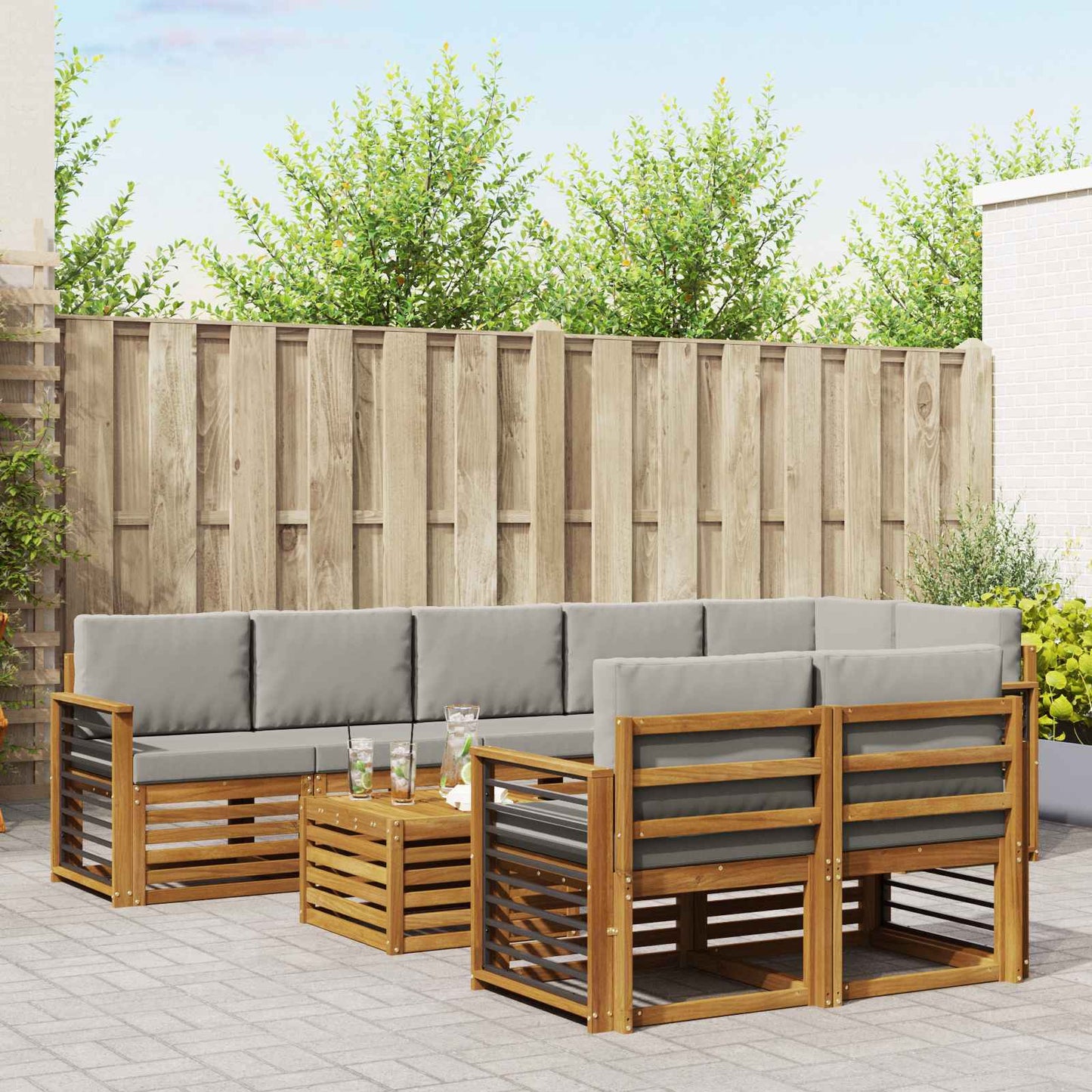 Outdoor-Sofagarnitur 9 stk. Natürlich und Hellgrau Polyester
