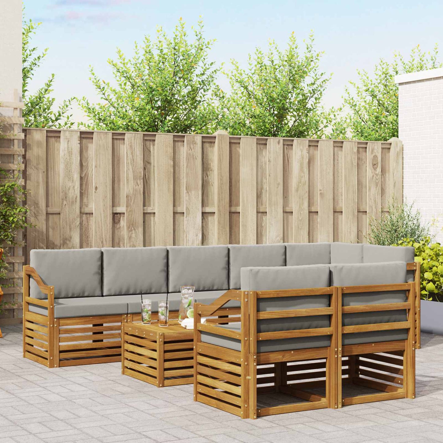 Outdoor-Sofagarnitur 9 stk. Natürlich und Hellgrau Polyester